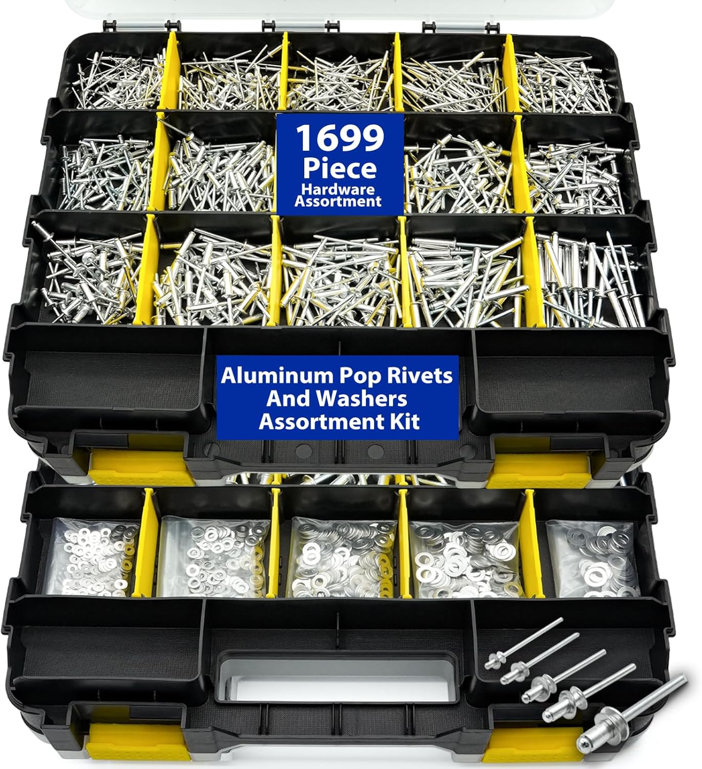 J&L HomeHive 1699Pc Aluminum-steel Pop Rivets and 304 Stainless Steel Washers Assortment Kit,25 Sizes(3/32", 1/8",5/32", 3/16", 1/4"), with Double-Sided Storage Box, for Metals, Furniture, Automotive