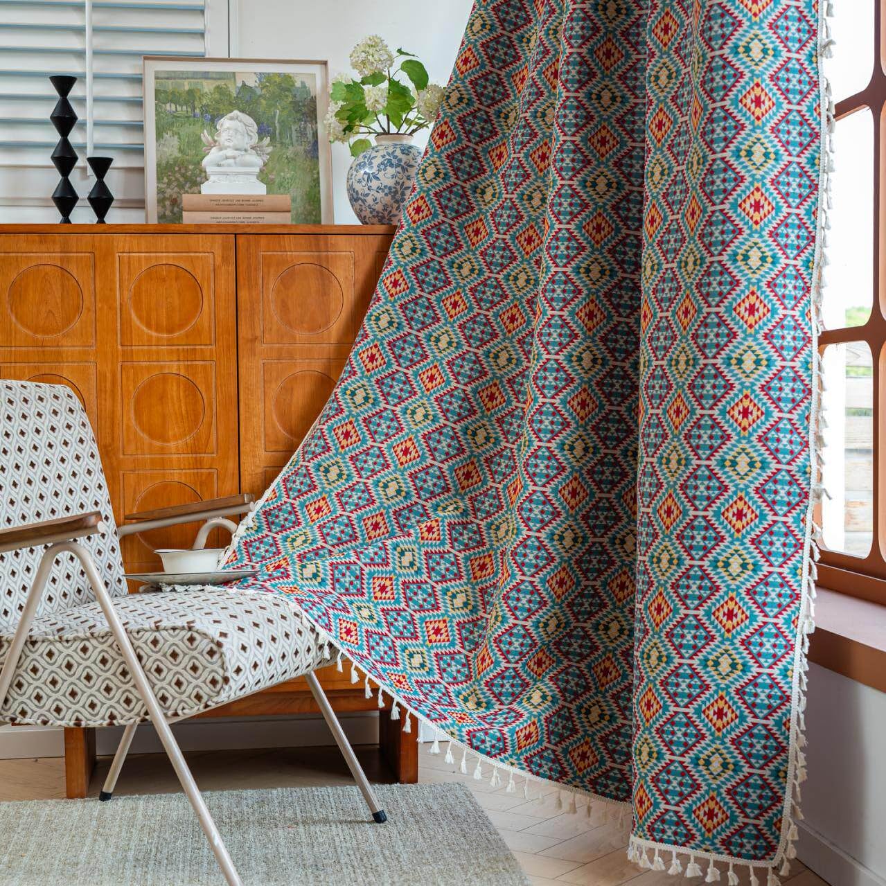 USTIDE Vintage Ethnic Jacquard Curtain with Tassels Farmhouse Bohemian Geometric Curtain for Bedroom Living Room,Light Filtering,150x180cm,Multicolor,1Panel