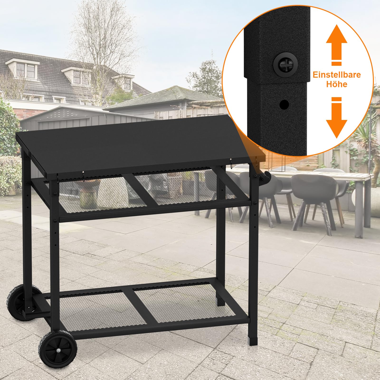 Carro de barbacoa al aire libre - Mesa portátil para horno de pizza con ruedas, mesa de comedor para exteriores con dos estantes de malla para fiestas en casa, camping, exteriores