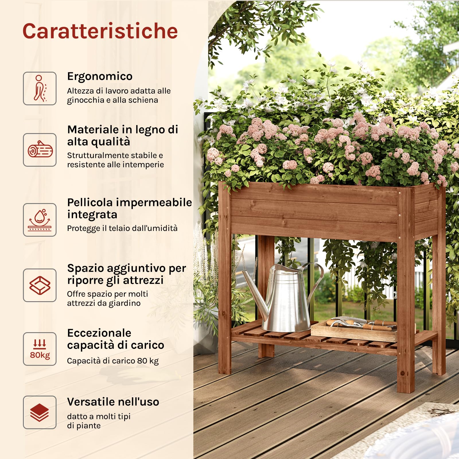 WOLTU Aiuola Rialzata in Legno 80x75x40 cm, con Vaso per Fiori, Ripiano e Rivestimento Idrorepellente, per Orto ed Erbe Aromatiche, adatta a Balcone, Giardino, Terrazzo ed Esterni, Marrone