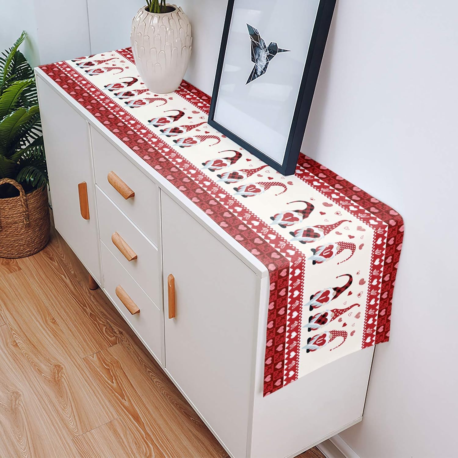 T&H XHome Dining Table Runner Dresser Scarf Linen Burlap Fabric,Happy Valentine's Day Red Gnome Love Decor Washable Table Runners 120 Inches Long for Farmhouse Home Kitchen Wedding Party Decor