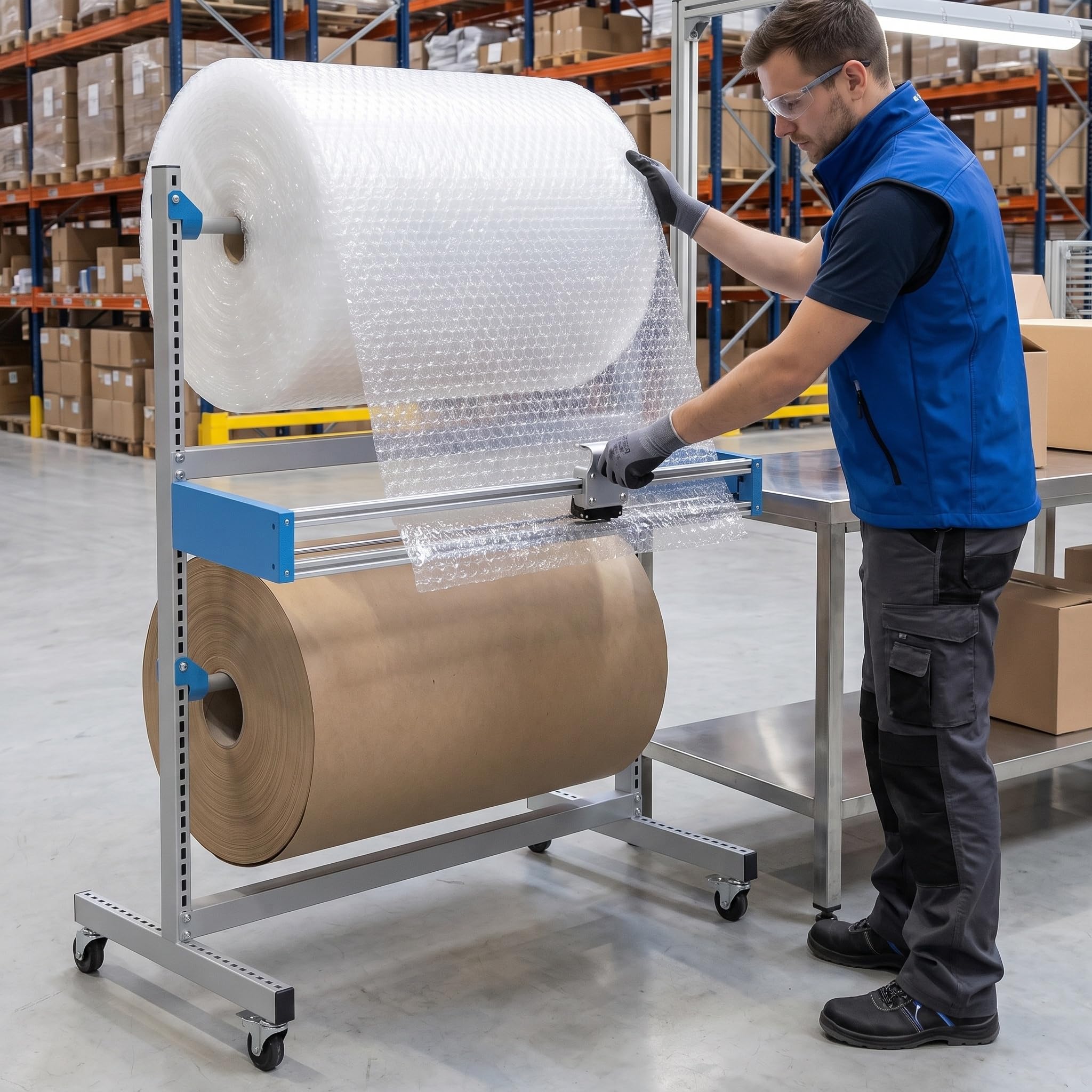 Doppellagiger Luftpolsterfolien-abroller Für 46,8-Zoll-Rollen, Mit Schiebeschneider Und Verstellbarer Höhe, Ausgestattet Mit 360°-lenkrollen – Ideal Für Lager Und Fabrik