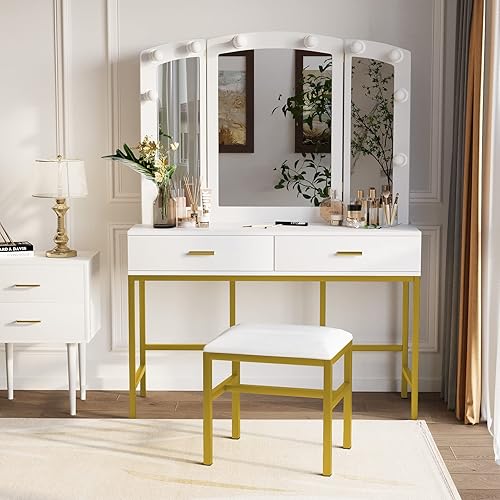Semiocthome Espejo de tocador blanco con luces y mesa con cajones 9 luces LED escritorio de tocador de maquillaje con taburete espejo de tocador