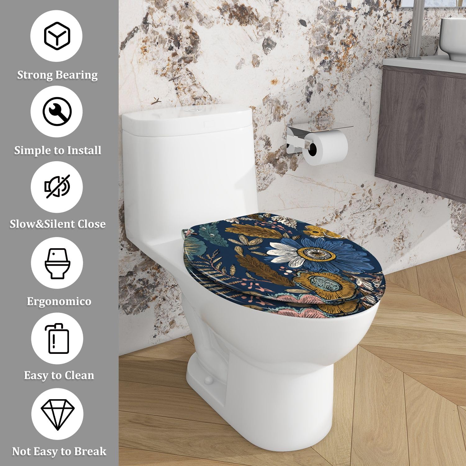 Asiento de inodoro alargado con cierre suave para baño