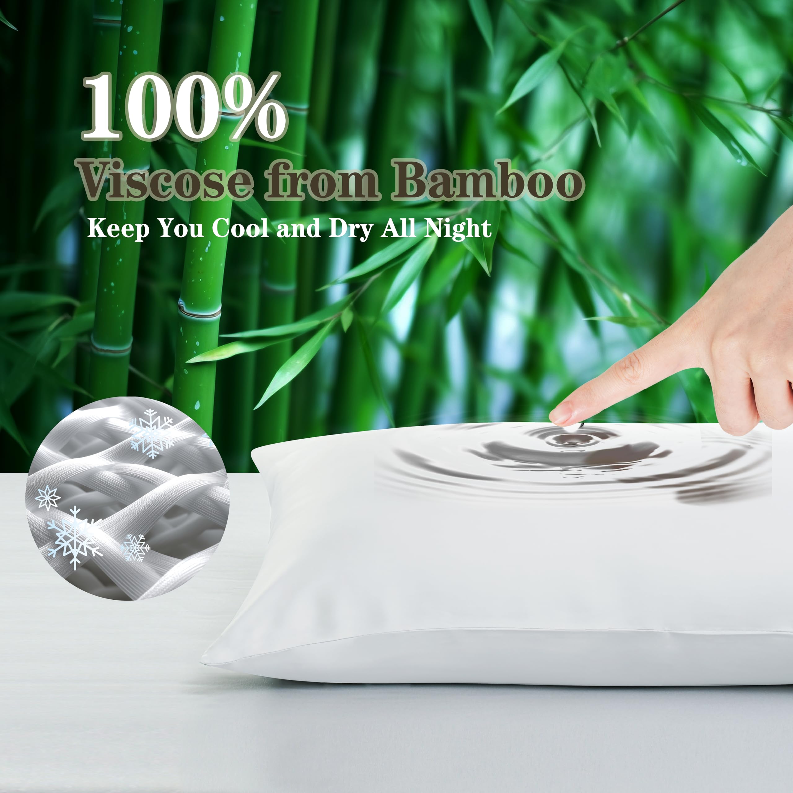 Juego de 4 protectores de almohada 100% bambú, tamaño estándar, fundas de almohada de satén refrescantes para cabello y piel, fundas de almohada transpirables y suaves con cremallera (blanco)