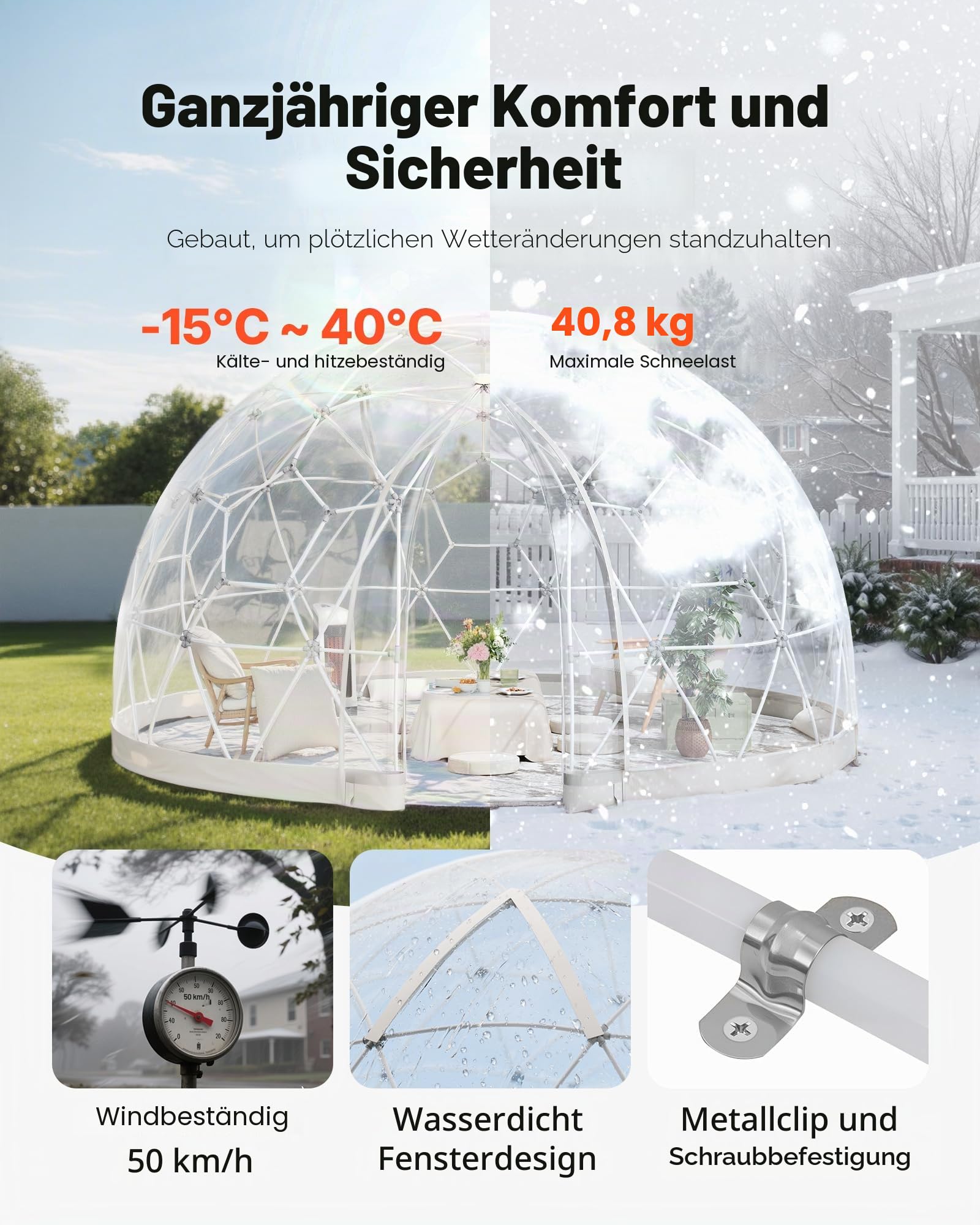 VEVOR Gartenkuppel, 3,6 x 2,2 m großes transparentes Blasenzelt für 4–7 Personen, geodätisches Kuppelgewächshaus mit Fenster, PVC-Zelt für Hinterhof, Terrasse, Camping, Party, Hochzeit