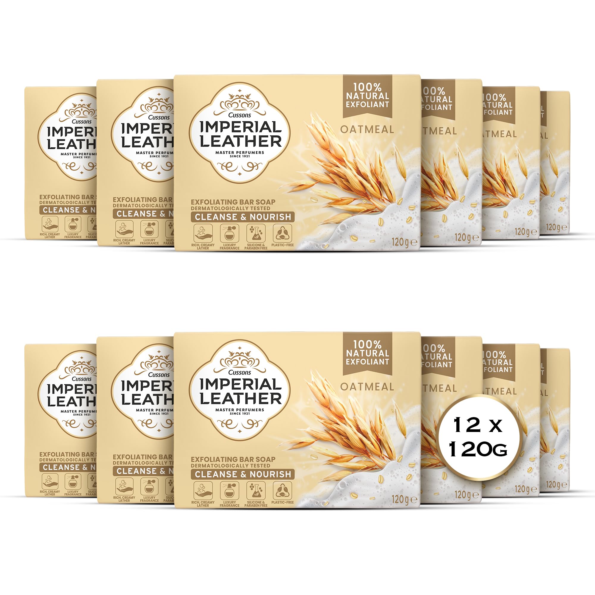 Imperial Leather Oatmeal Exfoliating Bar Soap, Bulk Buy, Pack 12 x 120g, Oaty Cream, 1.44 kg (Pack of 1)