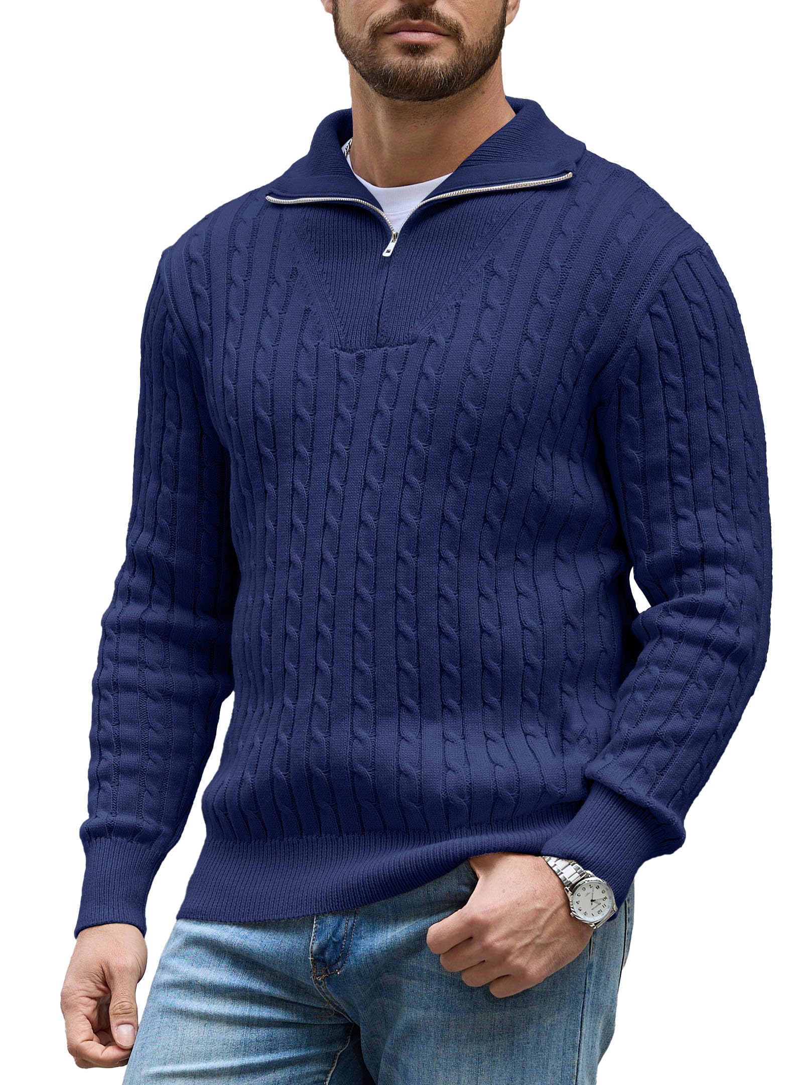 Herren Rollkragenpullover 1/4 Zip Strickpullover Zopfmuster Winter Langarm