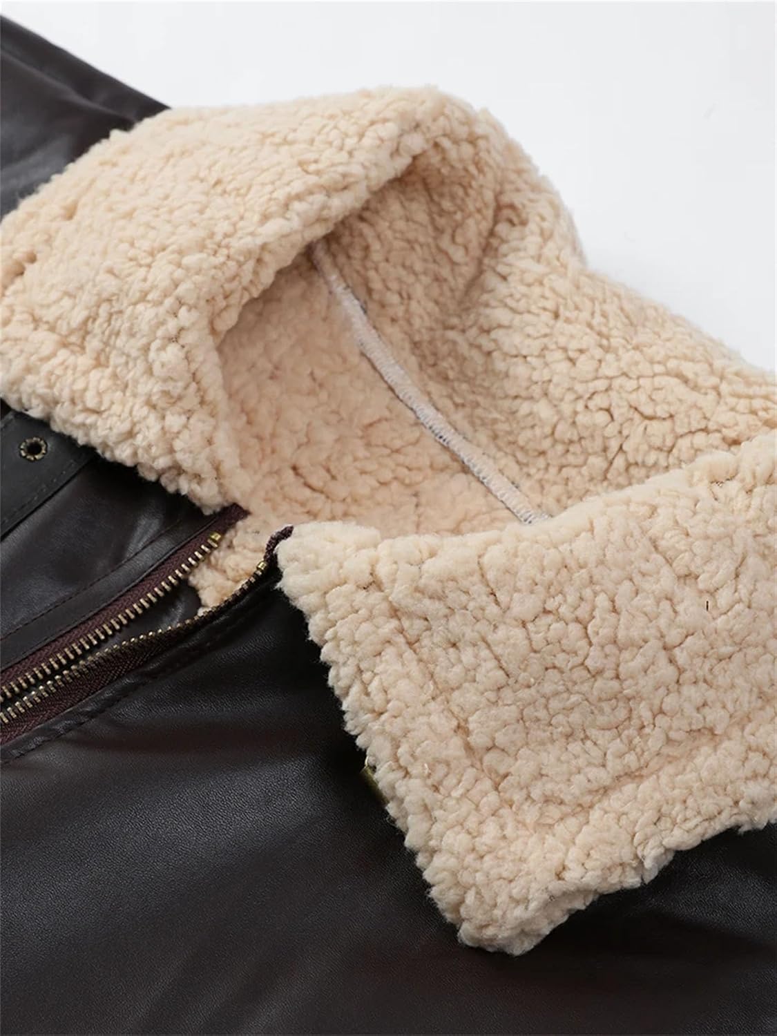 Men's Faux Leather Jacket Men Lapel Long Sleeve Thicken Fleece Coat Winter Outcoat With Zipper Pocket