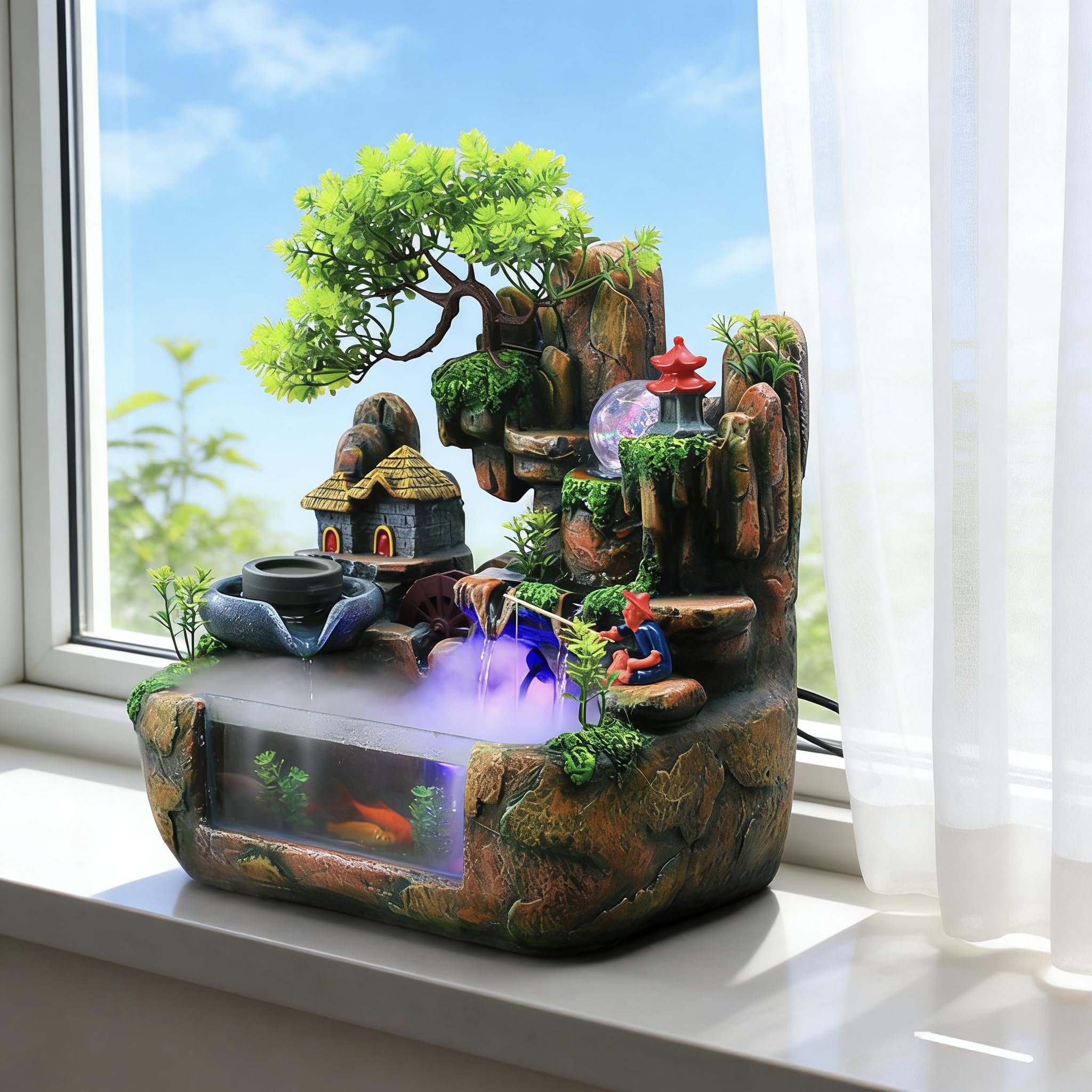 15" LED Desktop Fountain Waterfall Decor, Atomizing Desktop Humidifier w/LED Lights & Atomizer for Office Home Desk Decoration Gift Zen Meditation Resin Rockery Water Fountain Bonsai Bedroom Relax