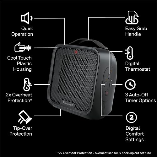 Miniatura 4 de Honeywell UberHeat Plus HCE220B - Calentador de espacio de cerámica para habitaciones pequeñas, silencioso y compacto, con ajustes de calor
