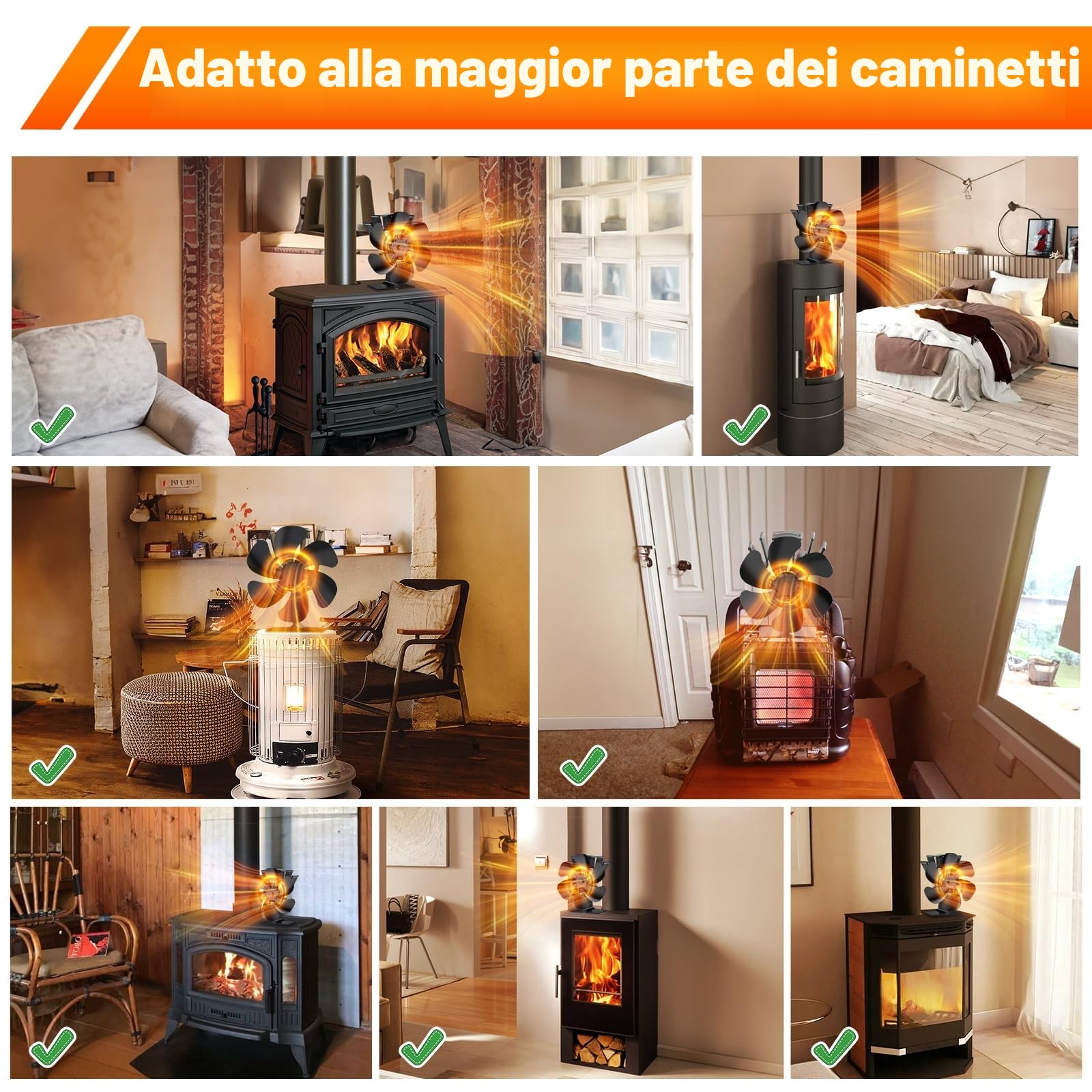 6 Pagine Ventilatore per Camino, Ventilatore per Camino non Elettrico, Silenzioso per Stufa a Legna, per Stufe a Legna/Ceppi/Vamino/Stufa (6 Foglie)