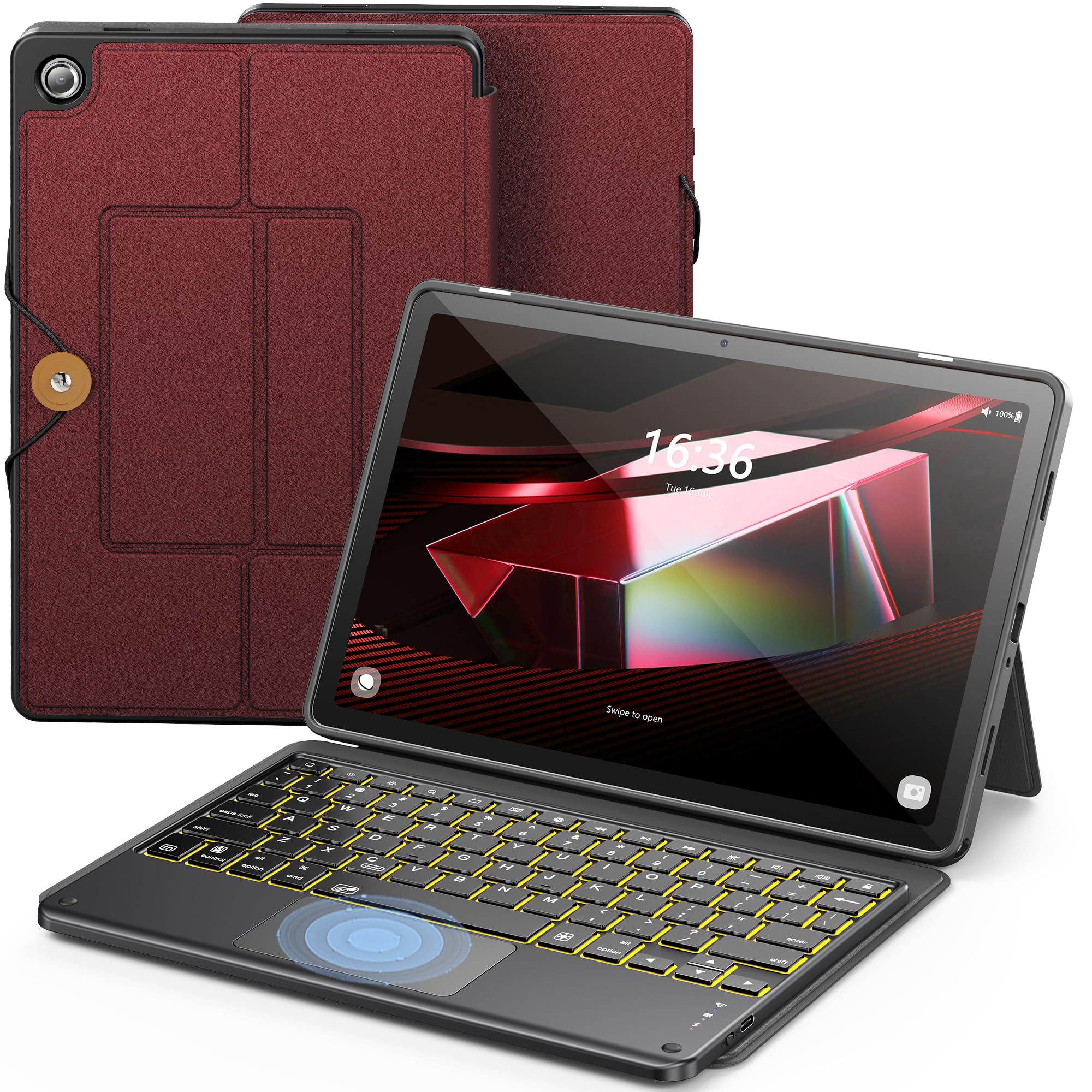 INFILAND Keyboard Case for Samsung Galaxy Tab A9 Plus 5G with 7-Color Backlight & High Precision Trackpad, Slim and Portable Detachable Folder Style Keyboard Case for Tab A9 11 inch, Burgundy