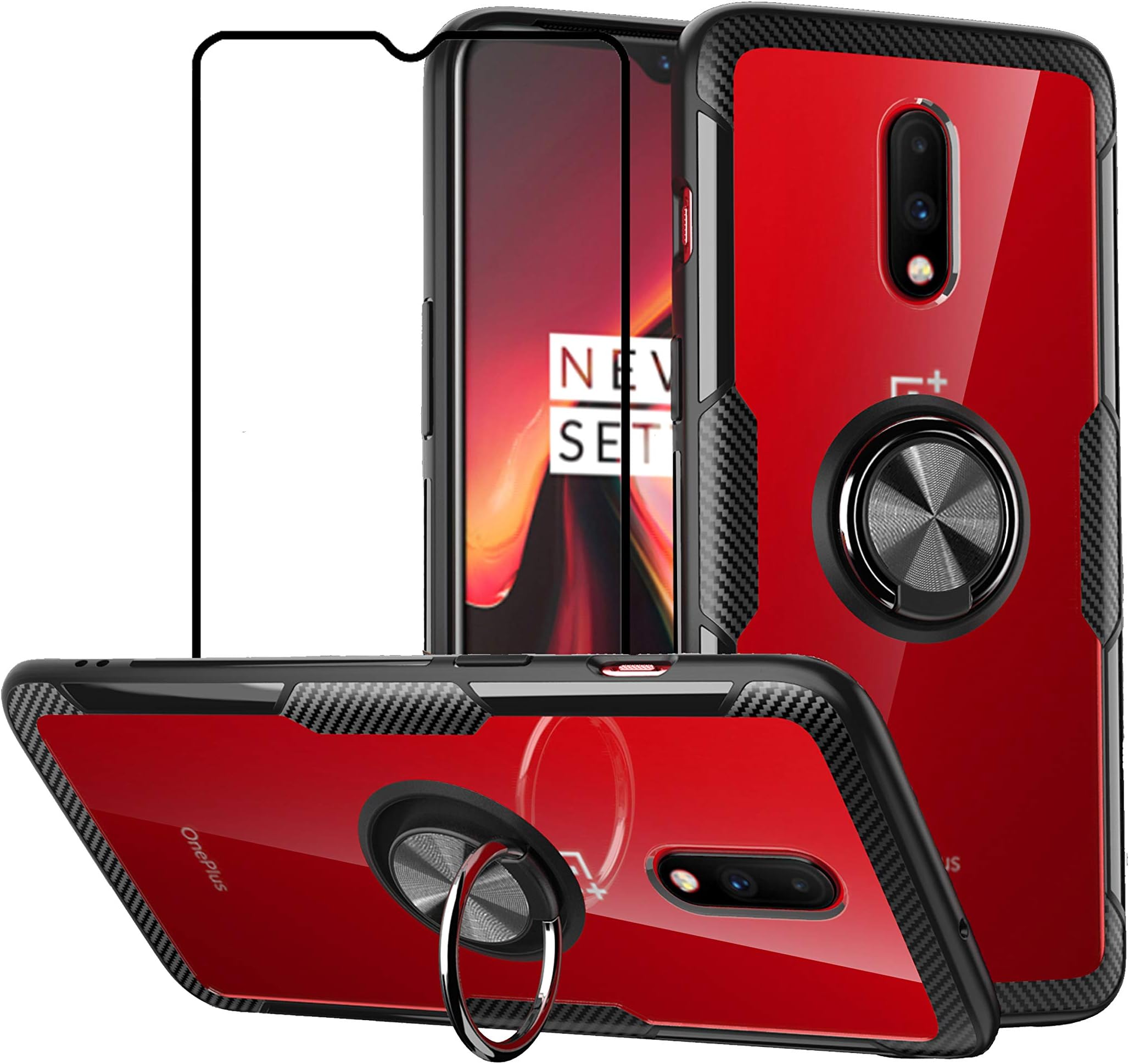 Case for OnePlus 7 / OnePlus 6T with Tempered Glass,Slim Silicone Soft TPU Bumper Hard Transparent Back Cover Shell with Metal Ring Magnetic Kickstand,Black
