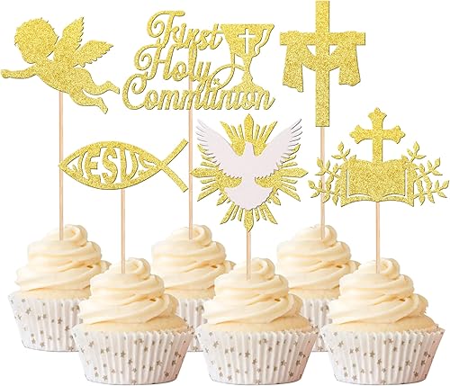Rsstarxi Paquete de 24 adornos para magdalenas de primera comunión, con purpurina dorada, ángel, dios, bendición, cruz, para bautismo, primera