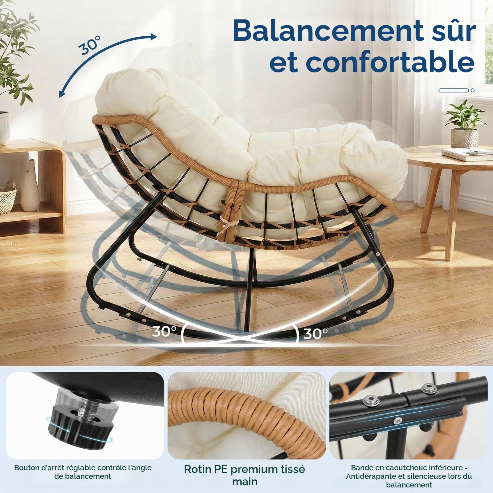 LIFERUN Fauteuil à Bascule XXL, Chaise a Bascule en rotin, Charge 150 kg