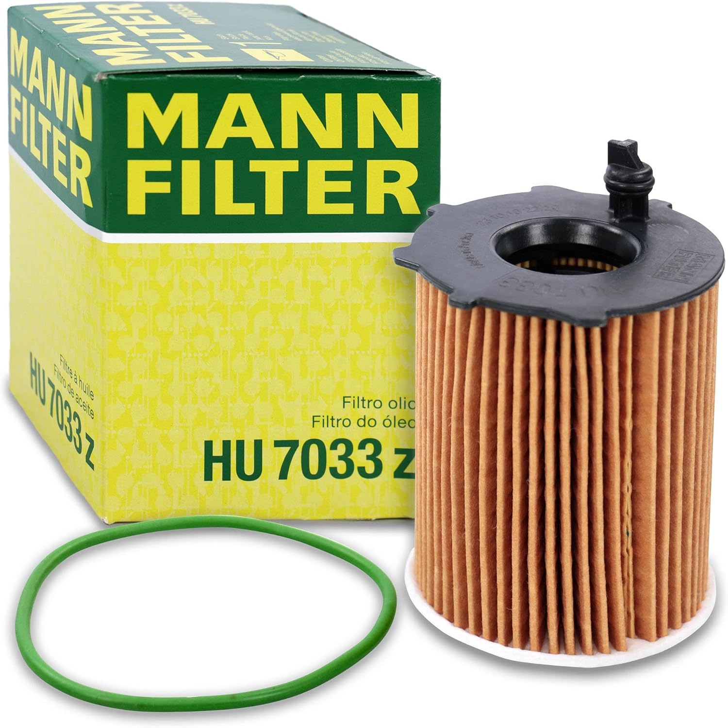 MANN-FILTER HU 7033 Z Oil Filter with its box and a green O-ring