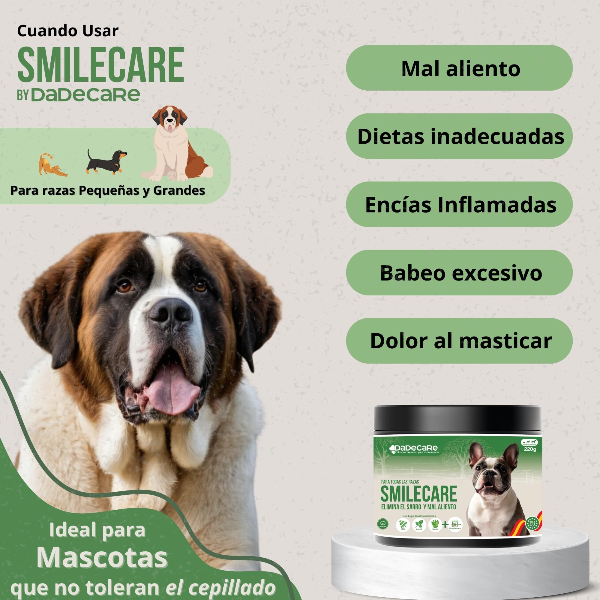 Smilecare - Polvos para Mal aliento 220gr Alga Kelp - Alternativa Natural Pasta De Dientes Para Perros Y Gatos, Mejora Aliento, Reduce Sarro, Prevención Problemas Dentales - Sin Cepillado Diario