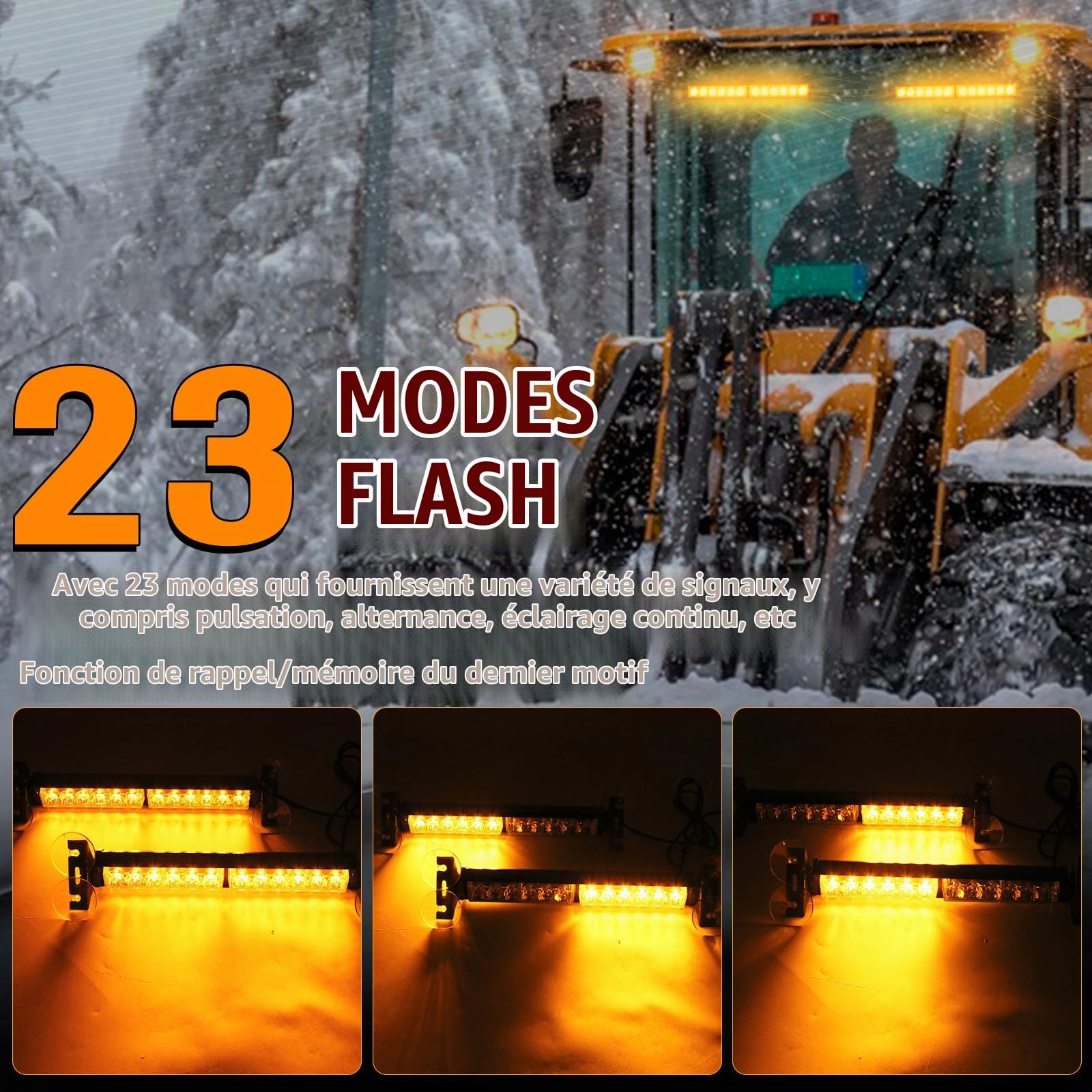 Lumières Stroboscopiques pour Pare-Brise de Voiture, 24-LED 2 x 12.4'' Feux Stroboscopique d' Urgence Feux de Balise Clignotants 23 Modes pour Voitures Camions Van (Amber)