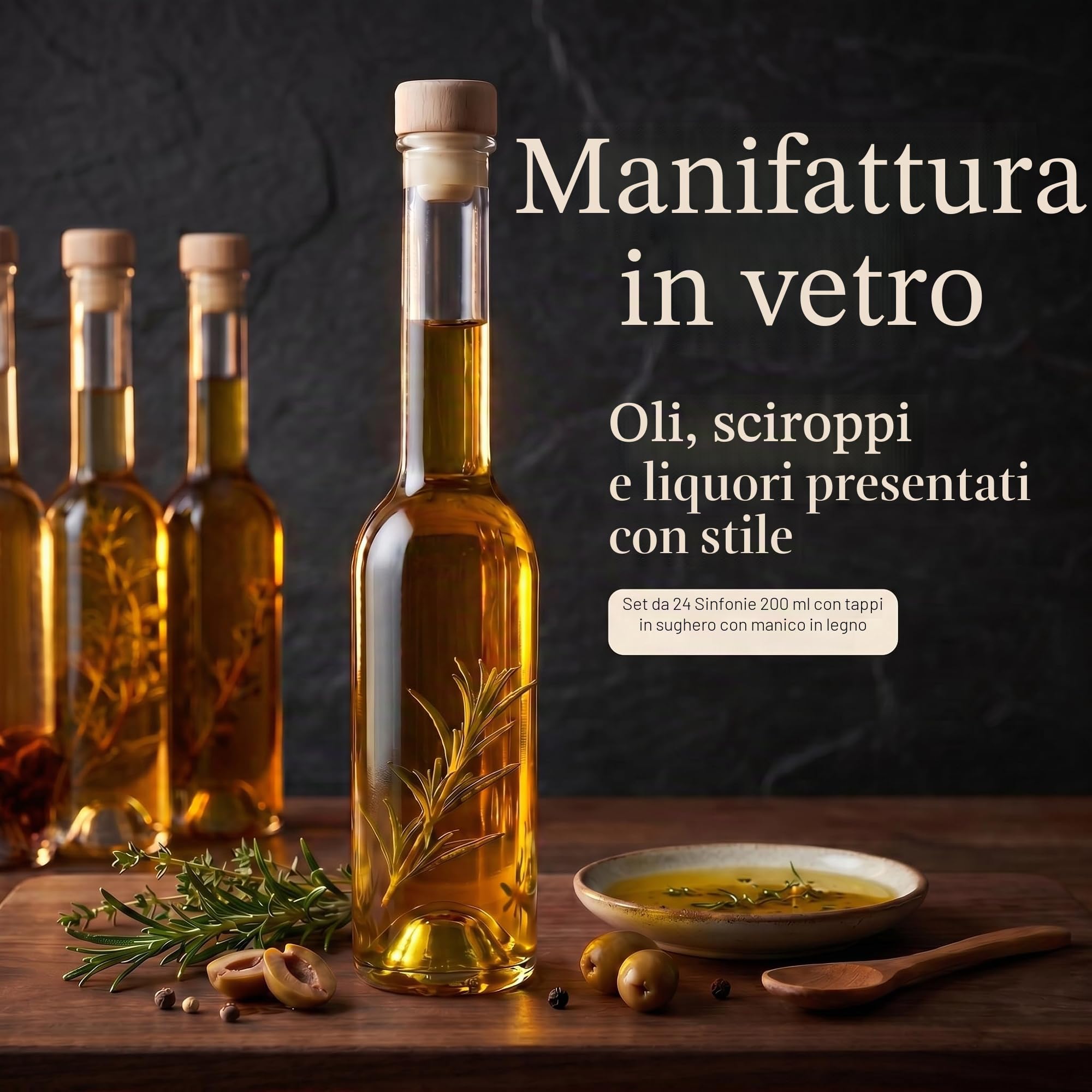 gouveo Set da 24 bottiglie in vetro Sinfonie (0,20 l) con tappo in sughero con pomello in legno bottigliette trasparenti per liquore sciroppo olio aceto decorazione (SIF200HGK)