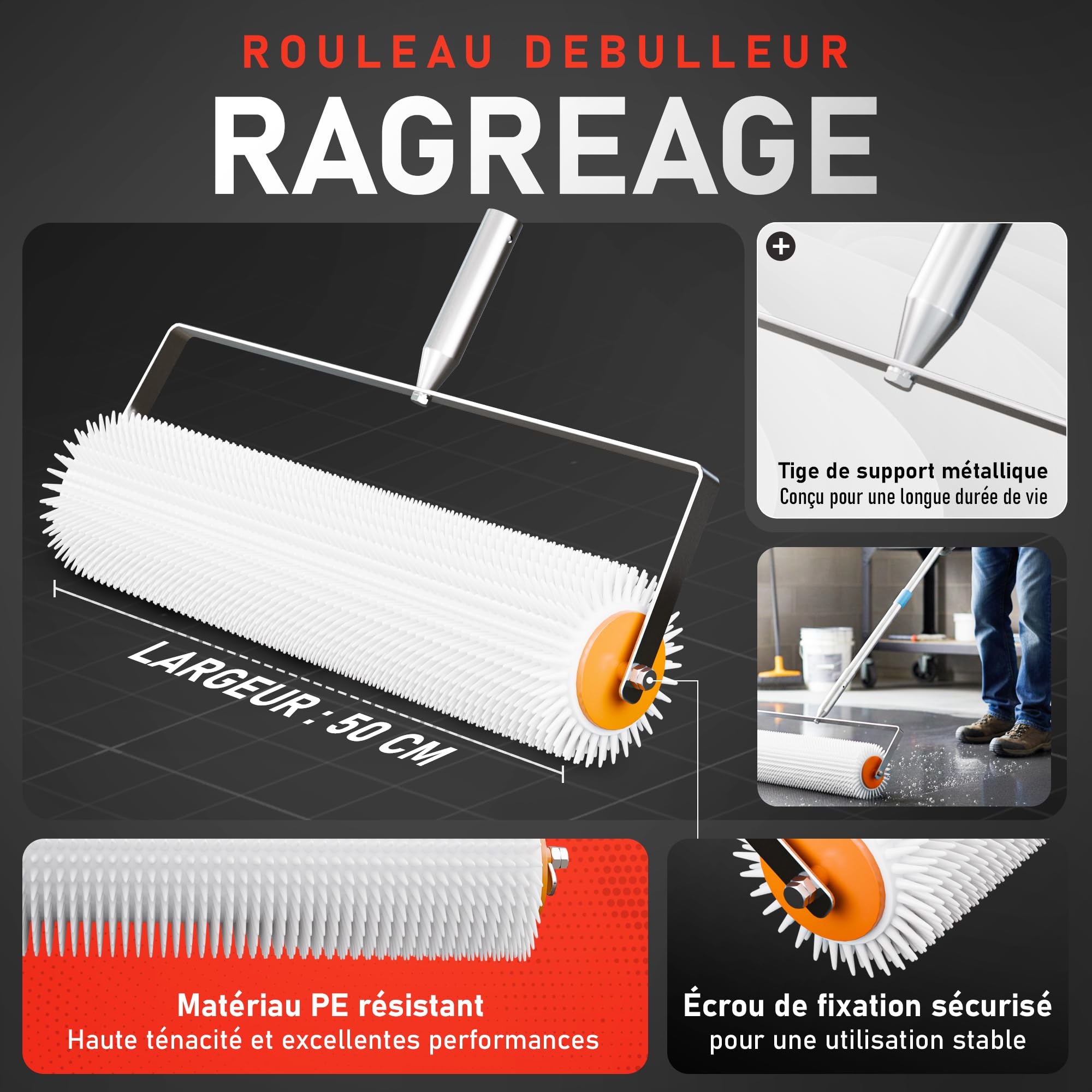 Kit Outils de Ciment Autonivelant | Comprend Rouleau Debulleur Ragreage 50cm, Râteau Autonivelant, Chaussure a Pointe Ragreage, Perche Télescopique, Rouleaux, Spatule et Gants