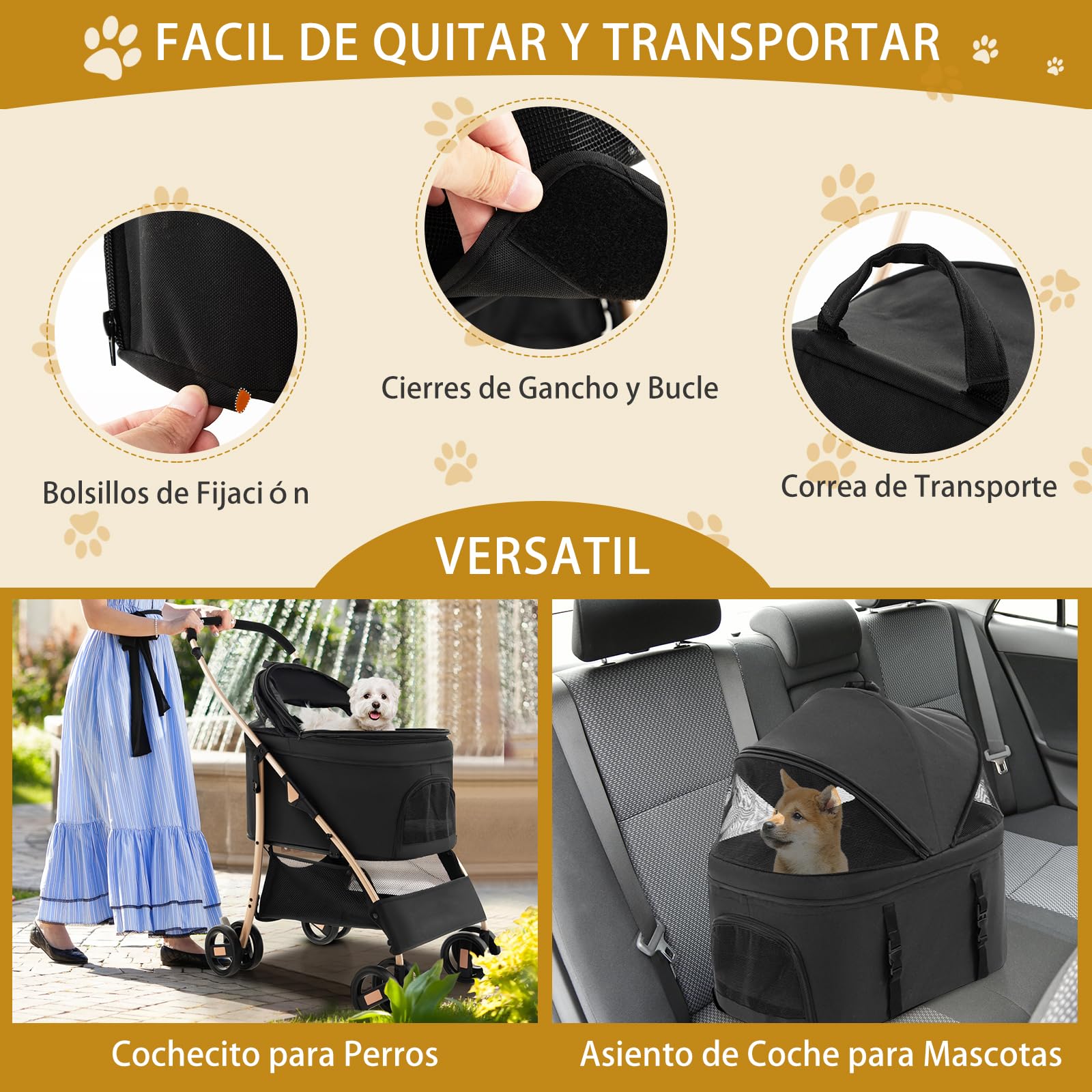 GYMAX Carro para Mascotas 3 en 1, Cochecito Plegable para perros con Soporte Extraíble y Capota Ajustable, Carga 15 kg, Ventanas de Malla, para Perros, Gatos Pequeños/Medianos (Negro)