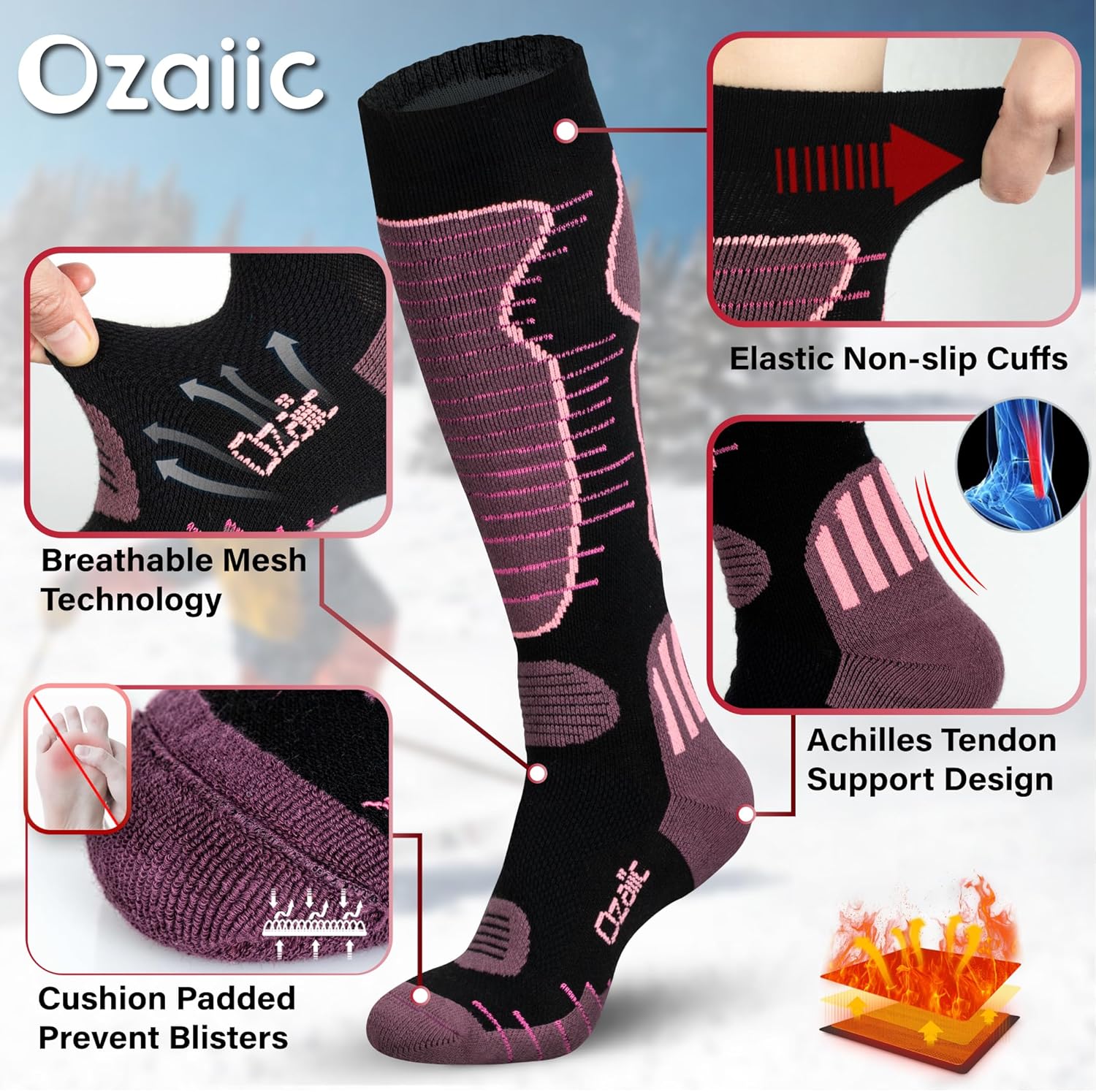 Merino Wool Ski Socks Mens Womens 2 Pairs for Skiing, Snowboarding, Thermal Knee High Winter Warm Sports Performance Socks - Image 6