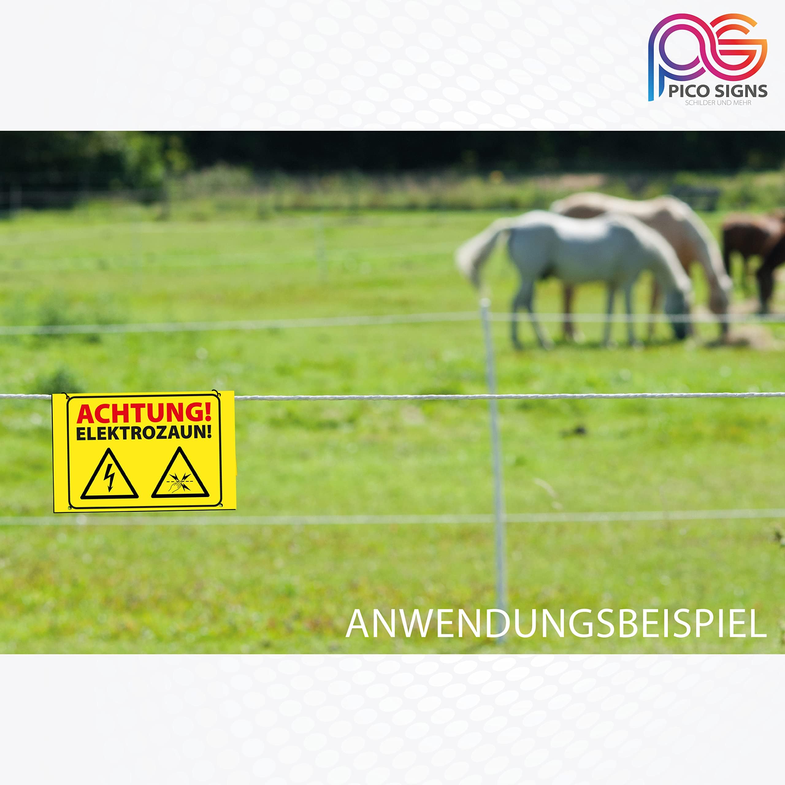 Produktbild von 5er Set Warnschilder „ACHTUNG ELEKTROZAUN“ – Doppelseitig Bedruckt, 200x100 Mm, UV- & Wetterfest – Für Weidezäune, Tierhaltung & Gesetzeskonforme Kennzeichnung