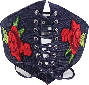 Women Navy Corset Fashion Belt Elastic Band High Waist Dark Blue Denim Red Flower S M