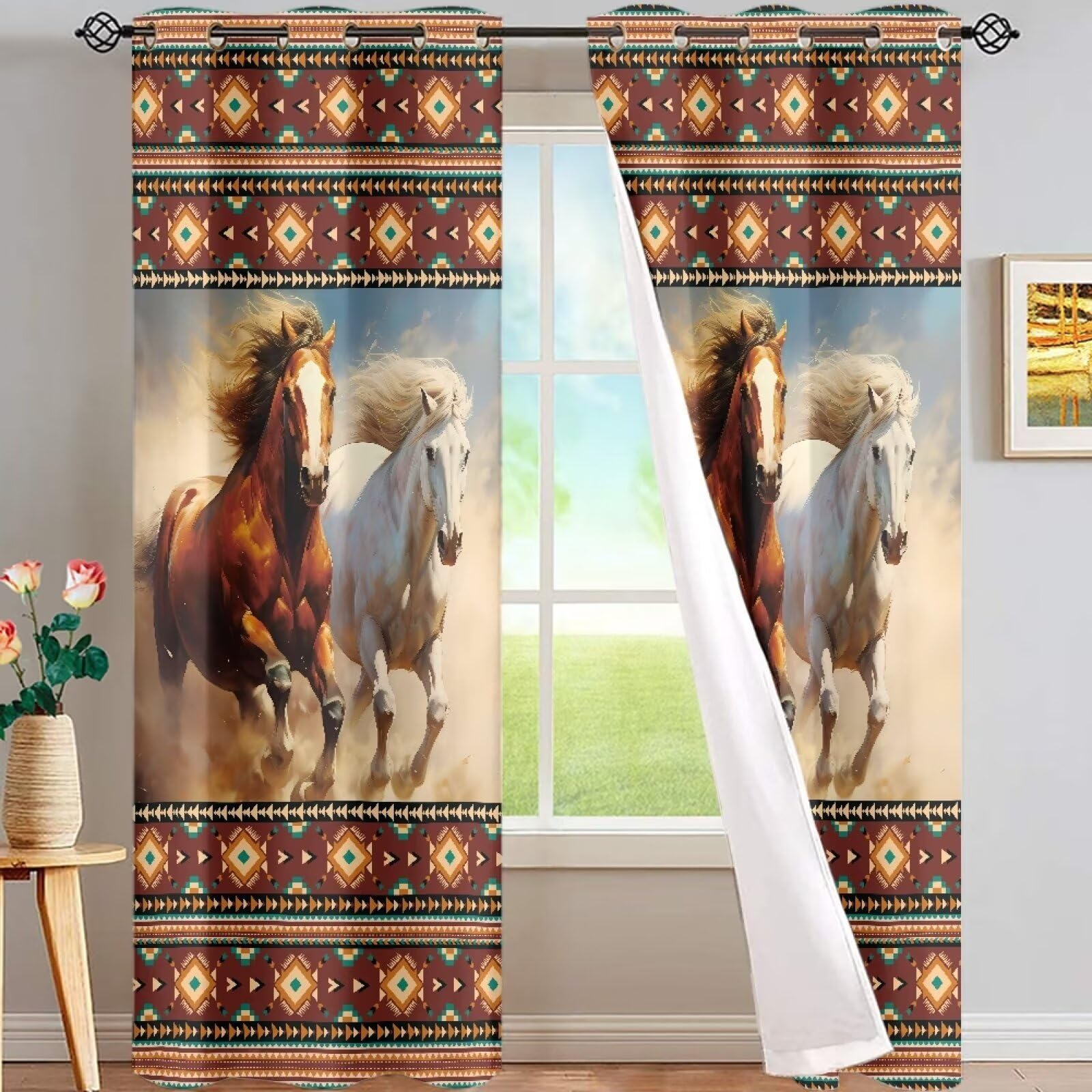 ZFRXIGN Western Aztec Horse Window Curtain for Bedroom Living Room Blackout Curtain Panels 52X63 inch, Light Blocking Drapes, Home Decor Nursery Draperies Tribal Navajo