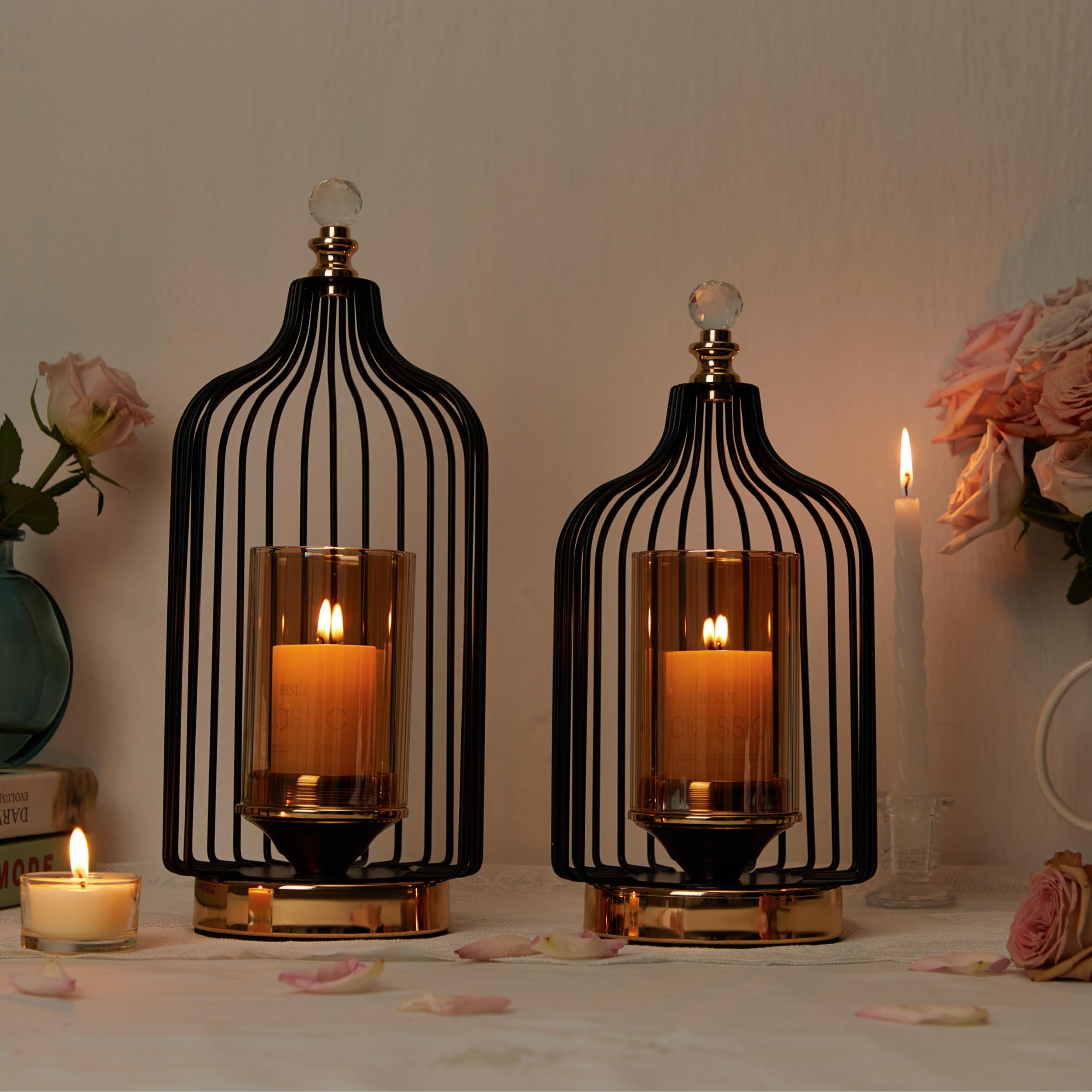 Lanterna decorativa – Portacandele Hurricane per candela pilastro, per interni ed esterni, alta e piccola, con paralume in vetro, set di 2, regalo per matrimoni, fattoria, decorazione centrotavola da