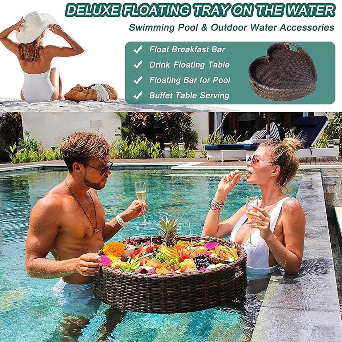 Vassoio da portata galleggiante in rattan con manici, ideale per bar sulla sabbia, spa, bagno, feste, accessorio indispensabile per piscina, bevande, insalate e frutta