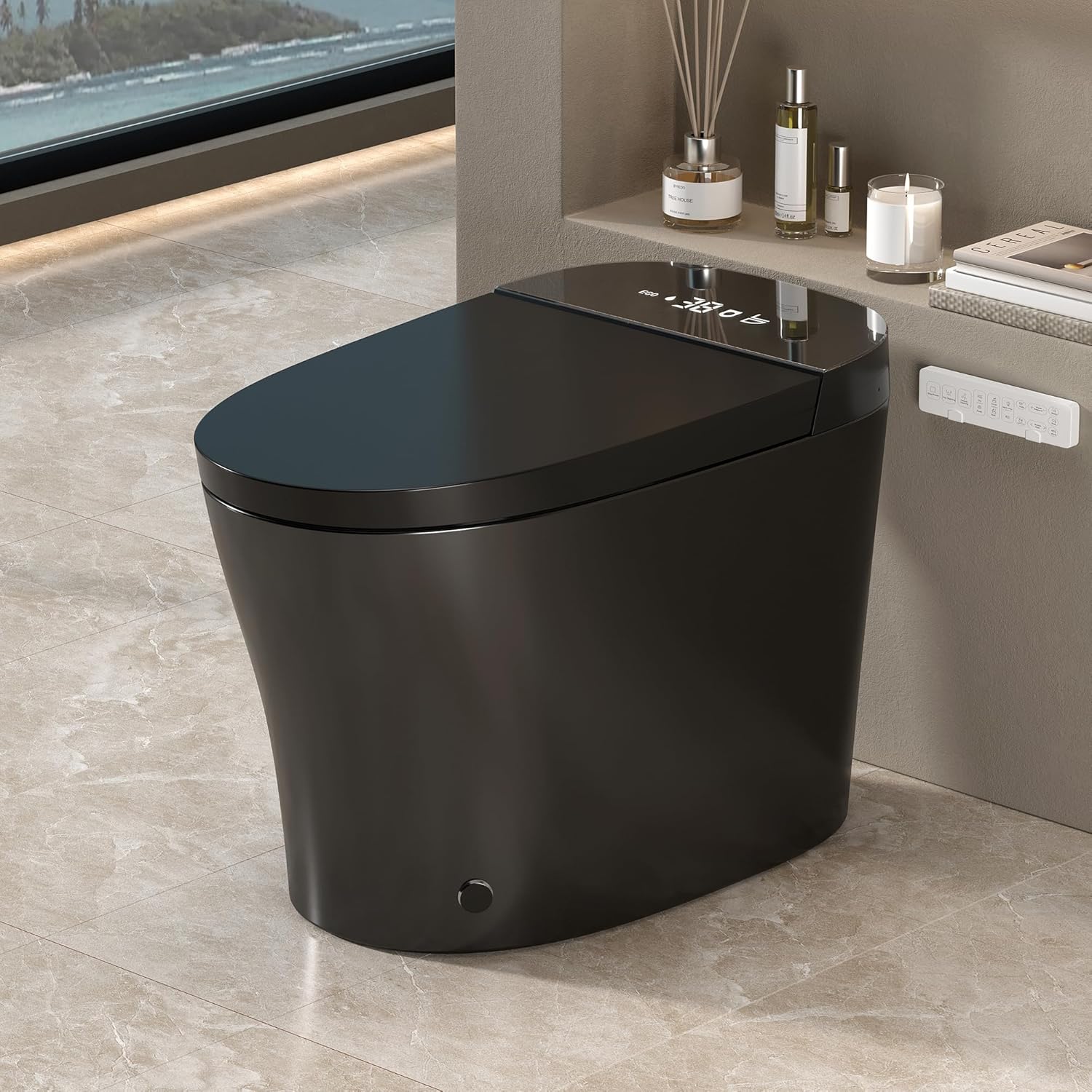 WinZo Smart Toilet with Bidet Built in, ADA One-Piece Toilet Auto Open/Close & Flush, Heated Seat, Front & Rear Wash, LED Display, Night Light, 12-inch Rough-in (Matte Black)