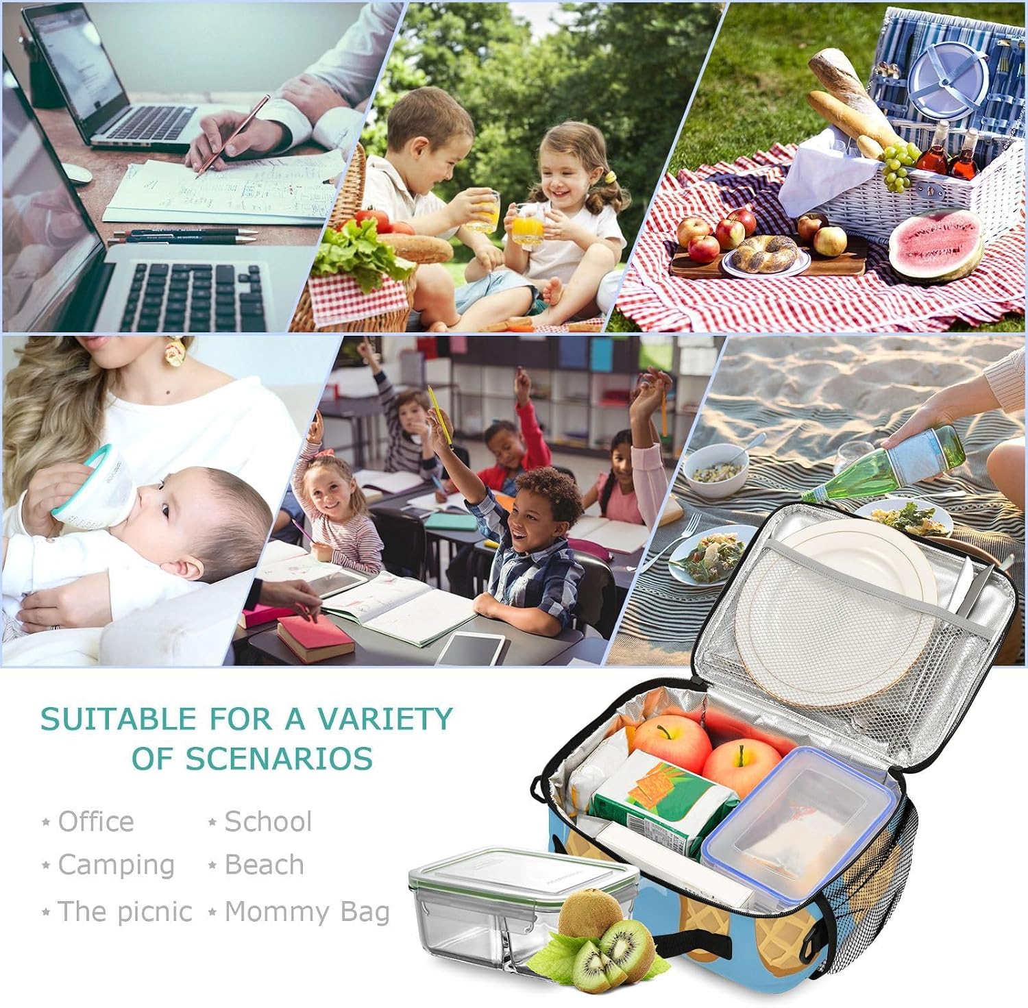 ALAZA Blue Ice Cream Lunch Box for Girls Kids Insulated Lunch Bag Boys Lunchbox Reusable Cooler Tote Freezable Shoulder Strap for School Picnic