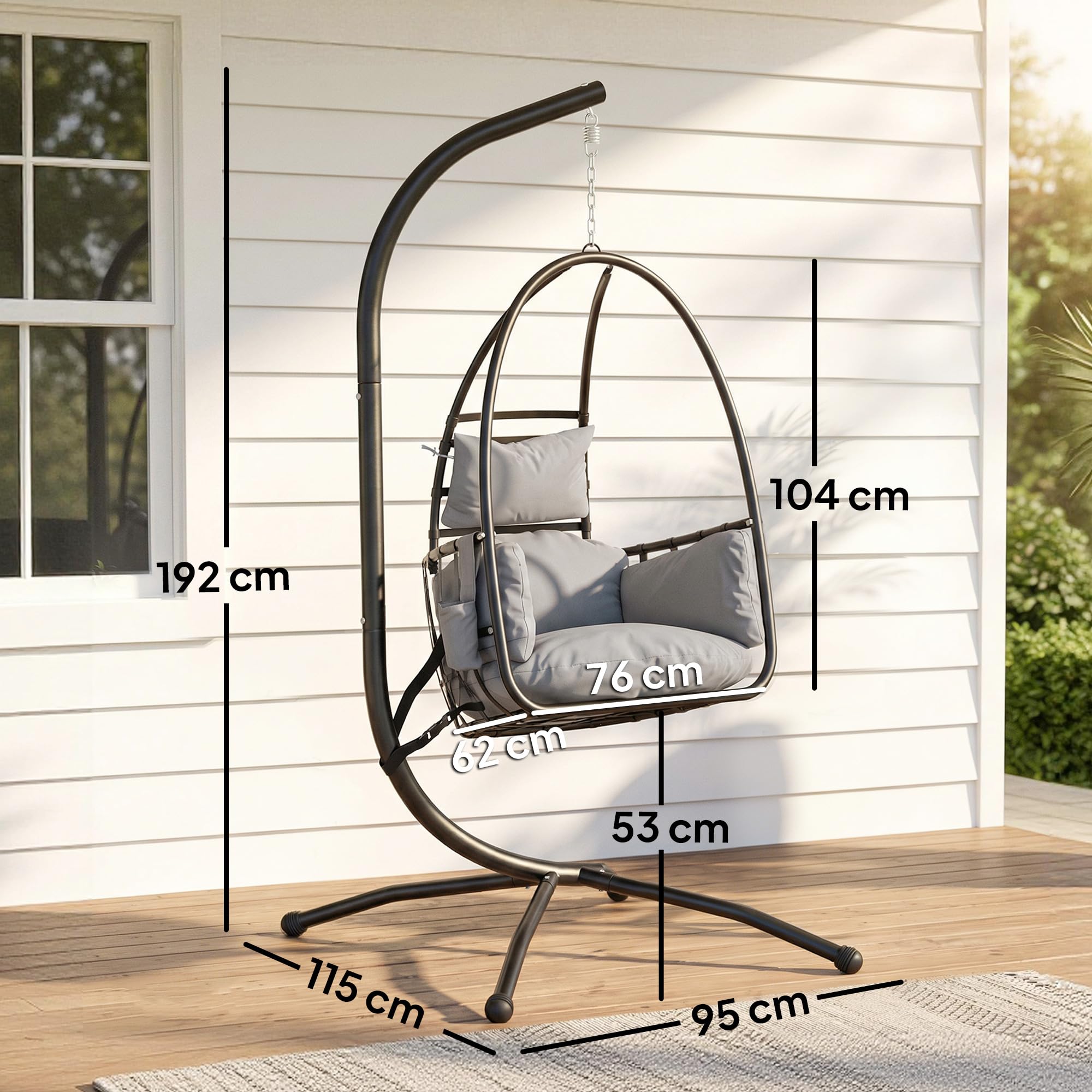 Outsunny Silla Colgante Huevo con Soporte, Sillón 120 kg Gris Oscuro | Cesta Plegable, Reposacabezas, Cojín, Bolsillo Lateral, Jardín, Interior, Exterior