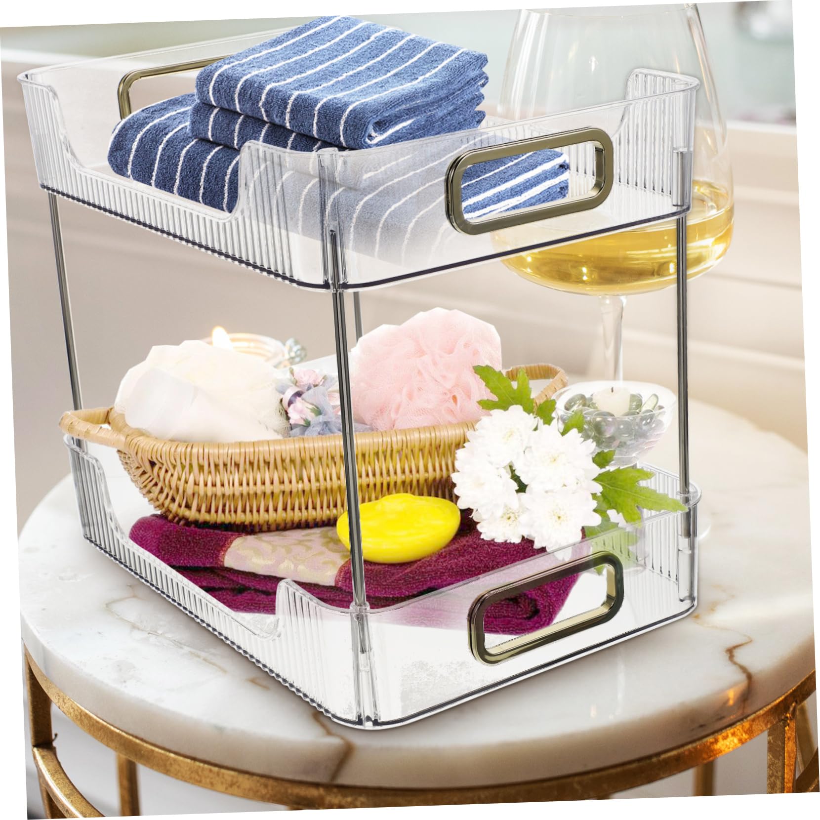 Organizer Cosmetici da Bagno 2 Livelli Doppio Ripiano in PET e Acciaio Inossidabile per Piano Lavabo Bagno e Comodino