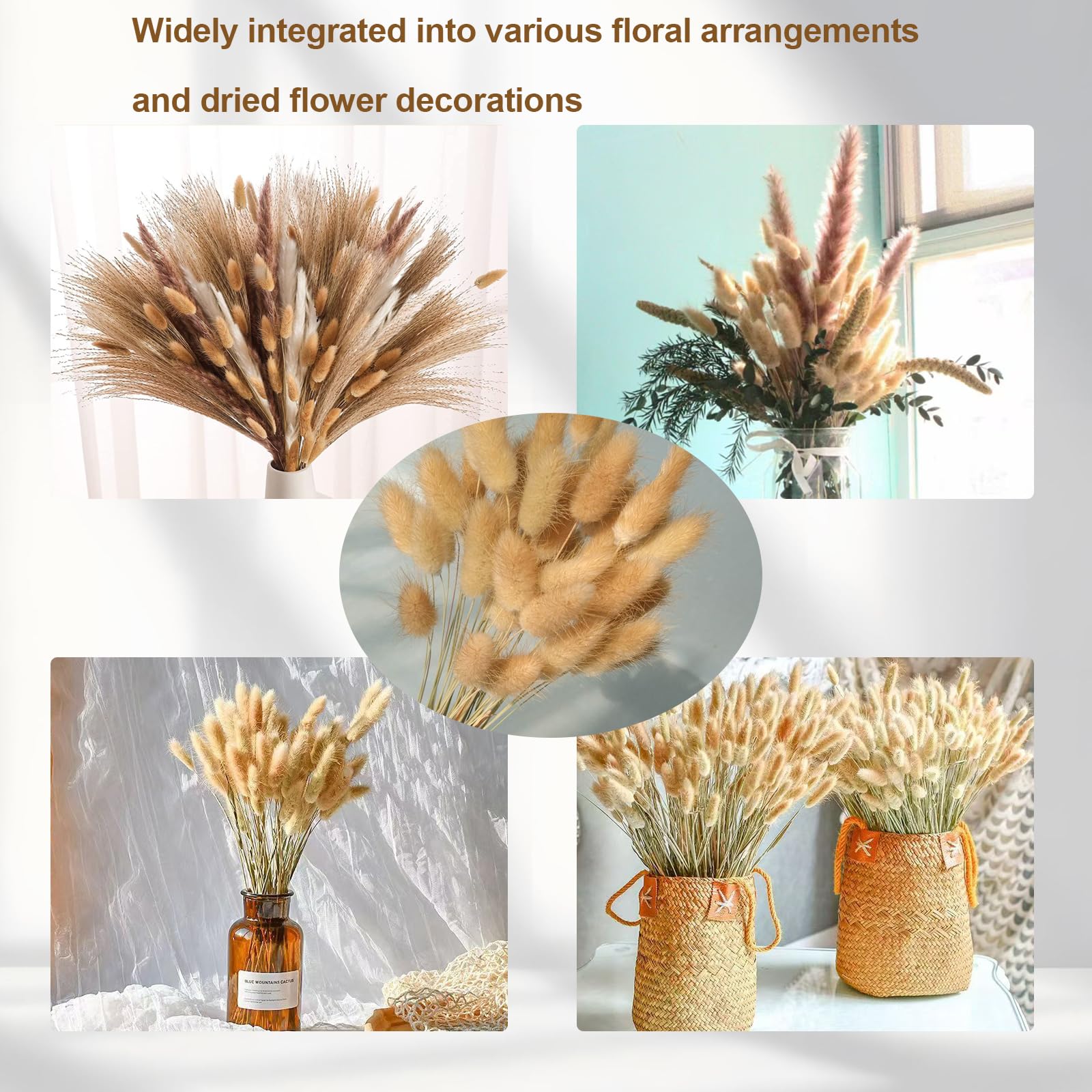 120 fiori secchi naturali di erba della pampa, fiori secchi da 43 cm, fiori secchi per decorazione, erba della pampa in massa alta, coda di coniglio, fiori secchi per matrimoni bohémien