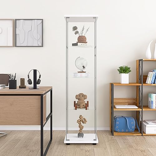 Vitrina de vidrio templado de 4 niveles con puerta, 17 pulgadas de ancho x 14.5 pulgadas de profundidad x 64 pulgadas de alto (blanco)