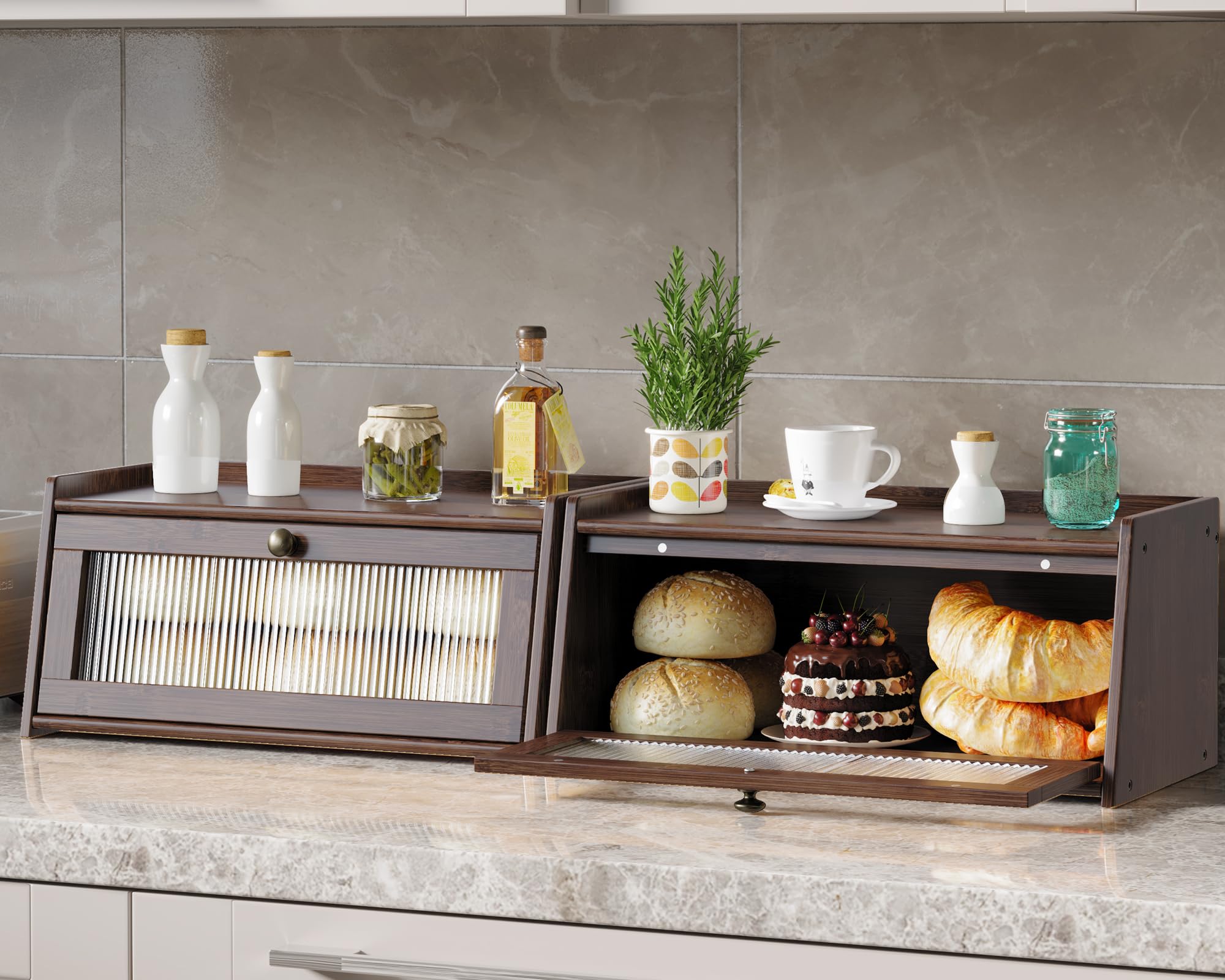 K KELBEL Bamboo Bread Box for Kitchen Counter, Wooden Large Capacity Bread Storage Bin with Window Bread Holder (Single Layer Brown)