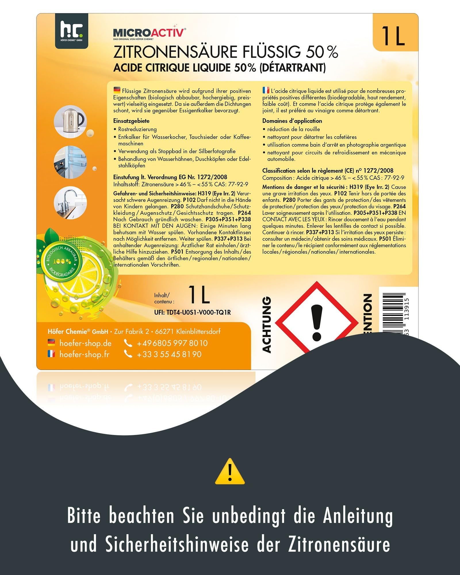 MICROACTIV Zitronensäure flüssig 4 x 5 L | Kraftvoller Entkalker für Kaffeevollautomat, Wasserkocher & Dusche - Biologisch abbaubar - Ideal im Haushalt