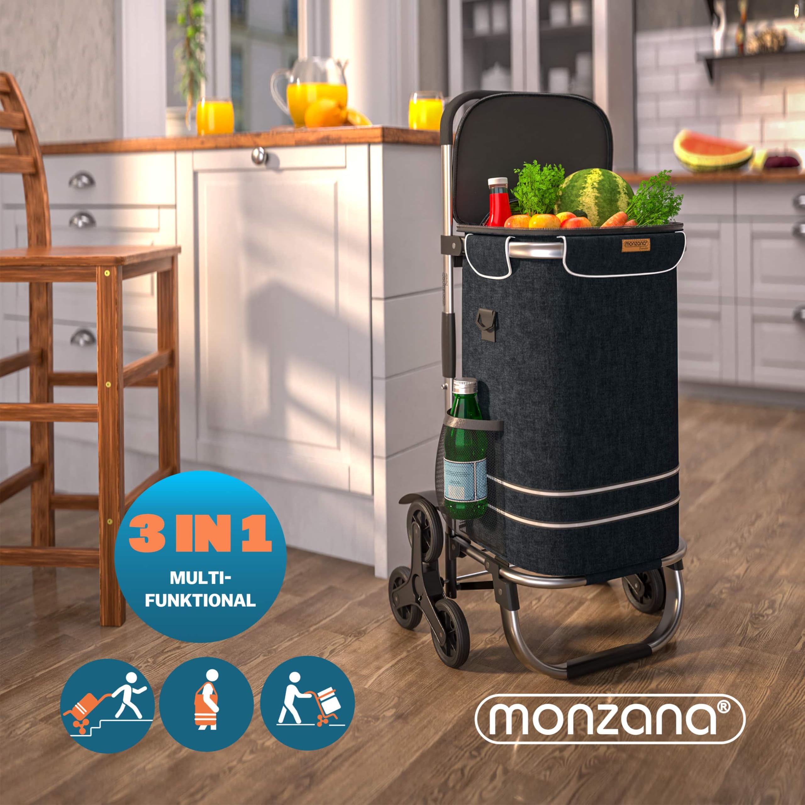 MONZANA® 3in1 Einkaufstrolley 56L bis 50 kg klappbar abnehmbare Tasche 6 Rollen Tragegurt Treppensteiger Einkaufswagen Einkaufshilfe Trolley Schwarz Meliert