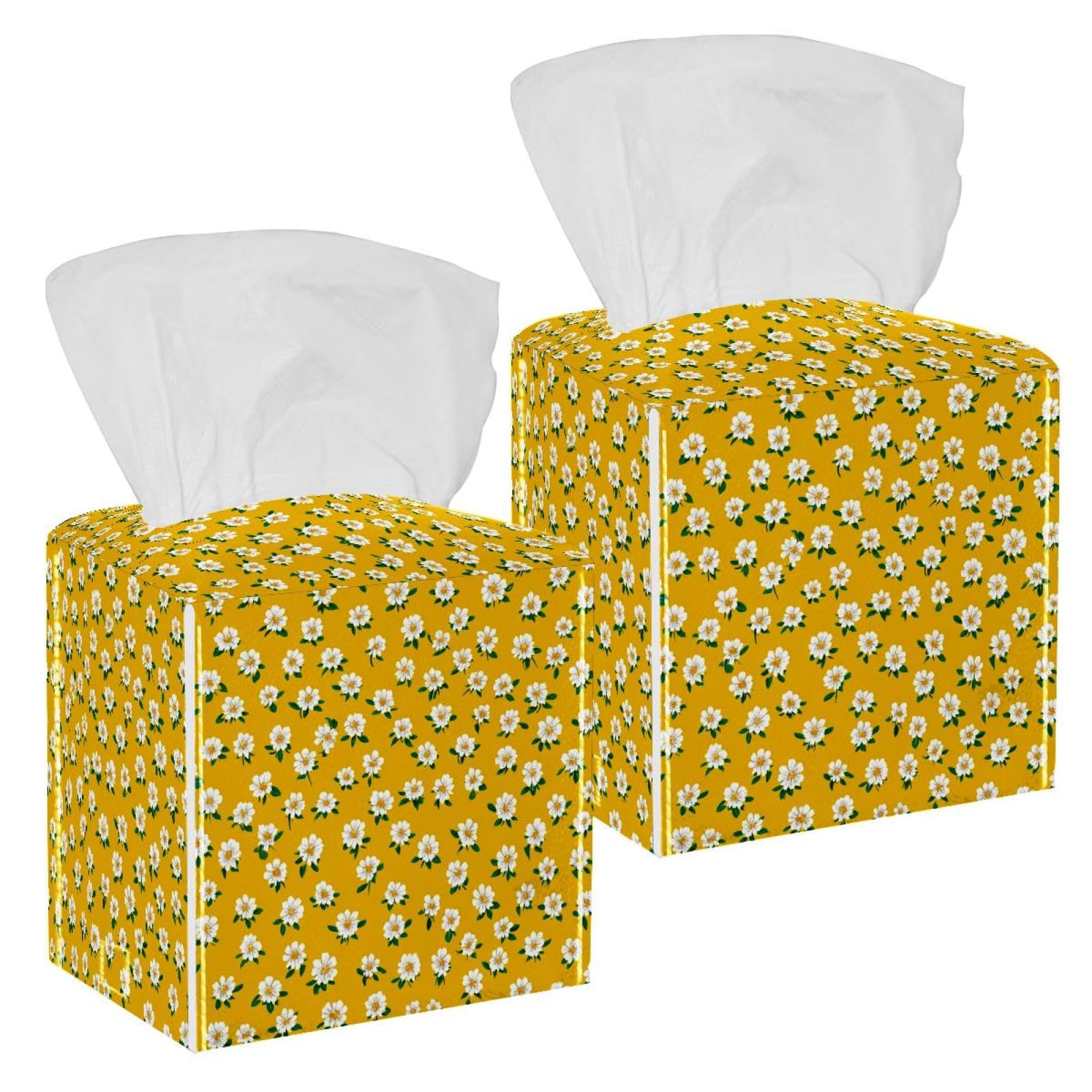 Daisy Tissue Box Cover, 2 Pack PU Leather Square Facial Tissue Dispenser Box holder for Home Office Car