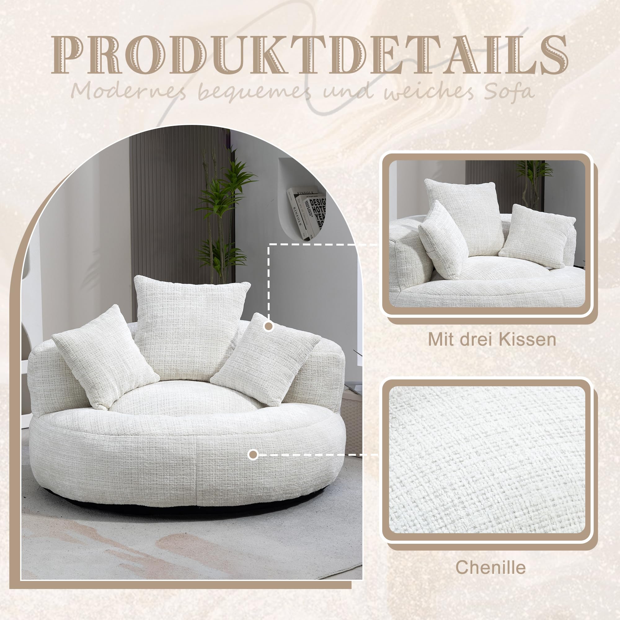 Piccolo divano, divano boneless con schienale alto e 3 cuscini | lounge pouf divano per gioco e relax | divano lazzy in ciniglia rivestimento per interni ed esterni (beige, senza montaggio)