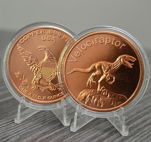 Miniatura 2 de Velociraptor - Dinosaurio prehistórico  Moneda redonda coleccionable de cobre puro .999 de 1 oz en cápsula  COA por Heavenly Metals