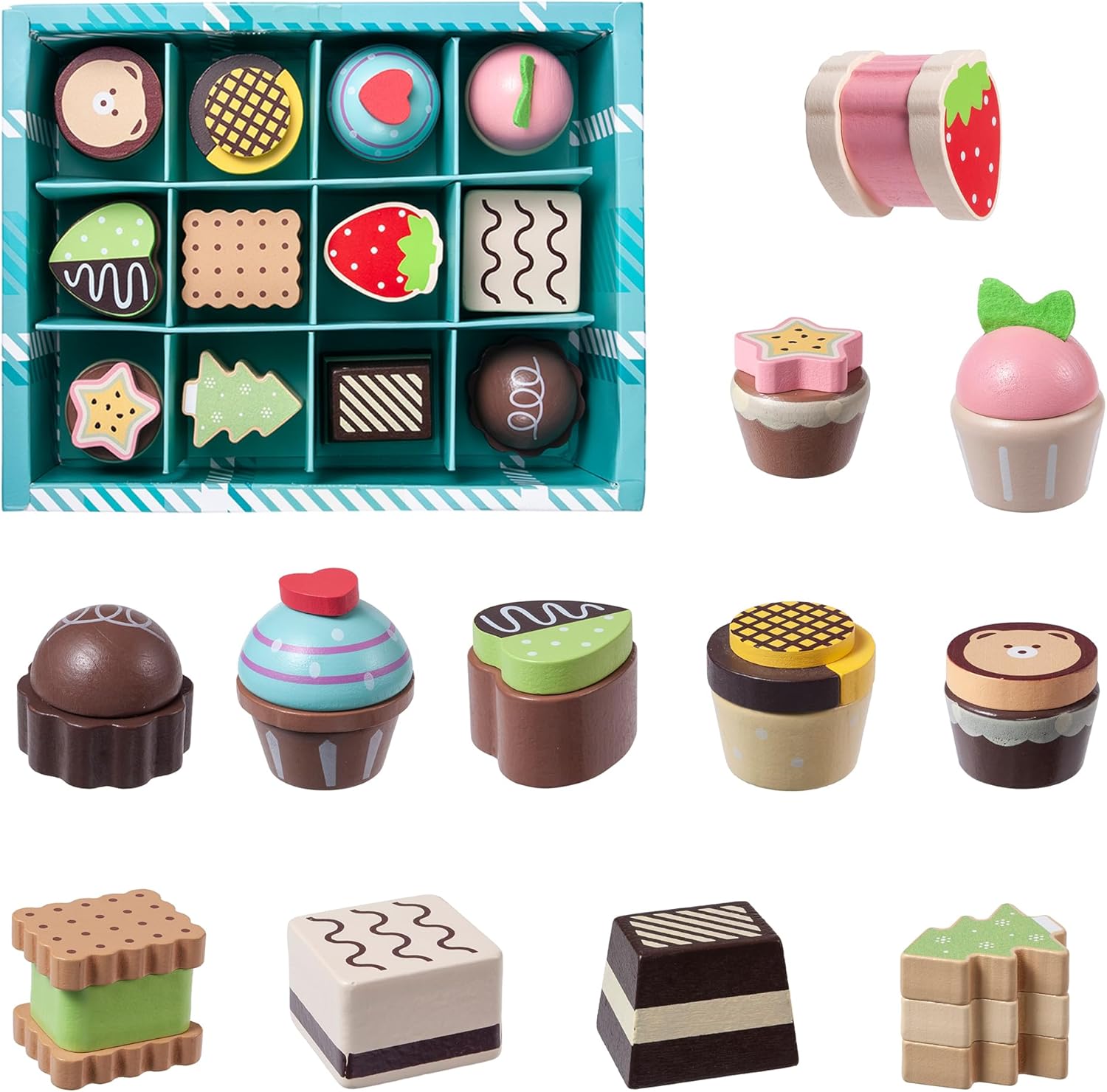 13pcs Wooden Dessert Set Toddler Pretend Play Toy Food, Sweets Playset with Muffin, Cupcake, Chocolate Cake & Roll, Kids Food Toys Play Kitchen Accessories Boys and Girls Birthday Gift