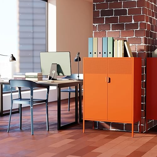Miniatura 3 de 2 Mesh Door Metal Cabinet with Adjustable Shelves, Multipurpose Orange Storage Cabinet, 3-Tier,Metal Storage Cabinet for Office Home,Hallway(Orange