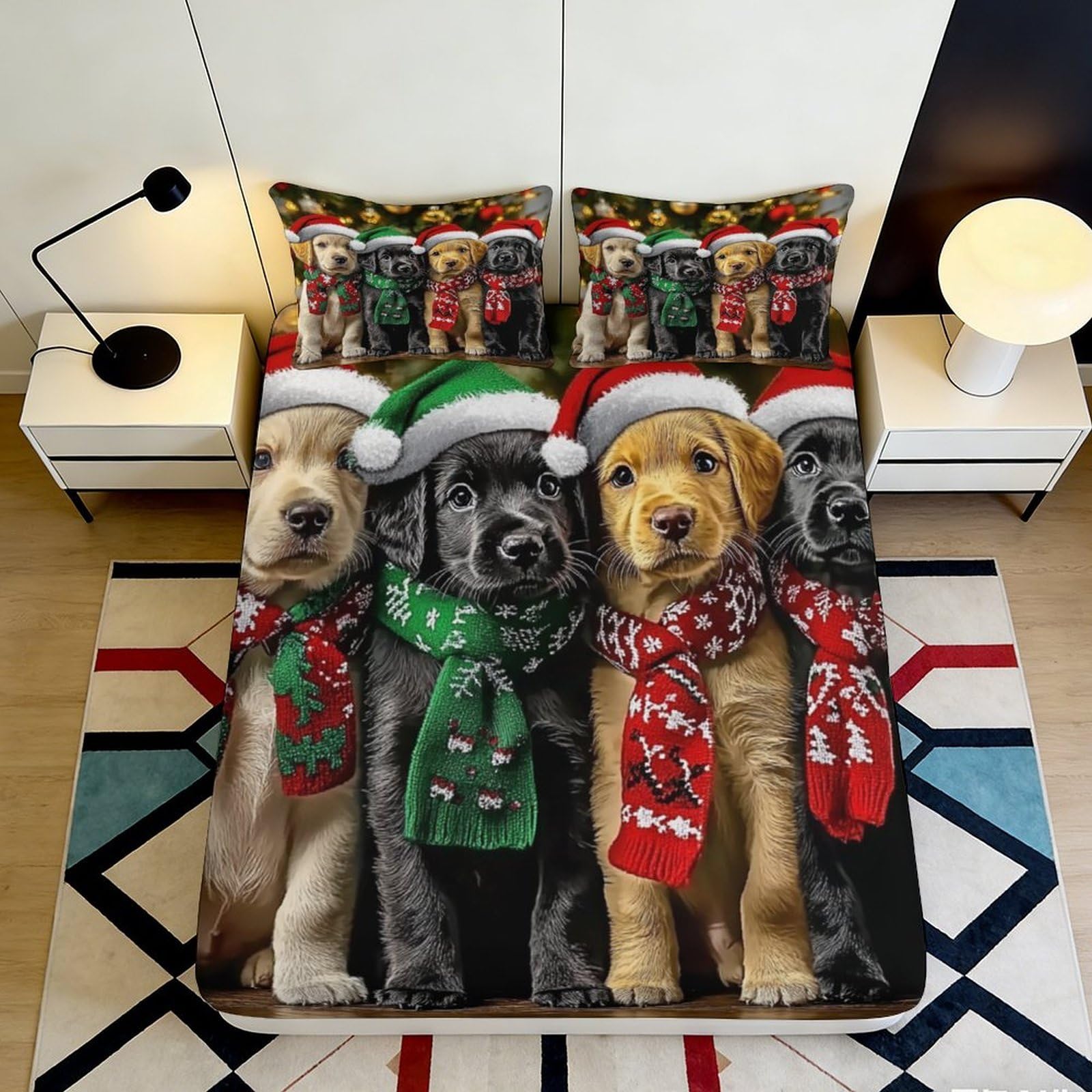 3D Printed Christmas Puppy Fitted Sheet Microfiber Soft Santa Dog Mattress Cover Anti-Slip Machine Washable Decor 140x200x25cm