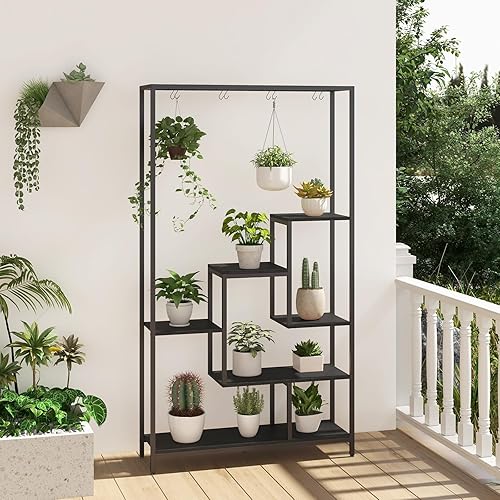 Miniatura 8 de Soporte para plantas de 6 niveles para interiores, soporte para plantas de 70.9 pulgadas de alto con 10 ganchos colgantes en S, estante de metal