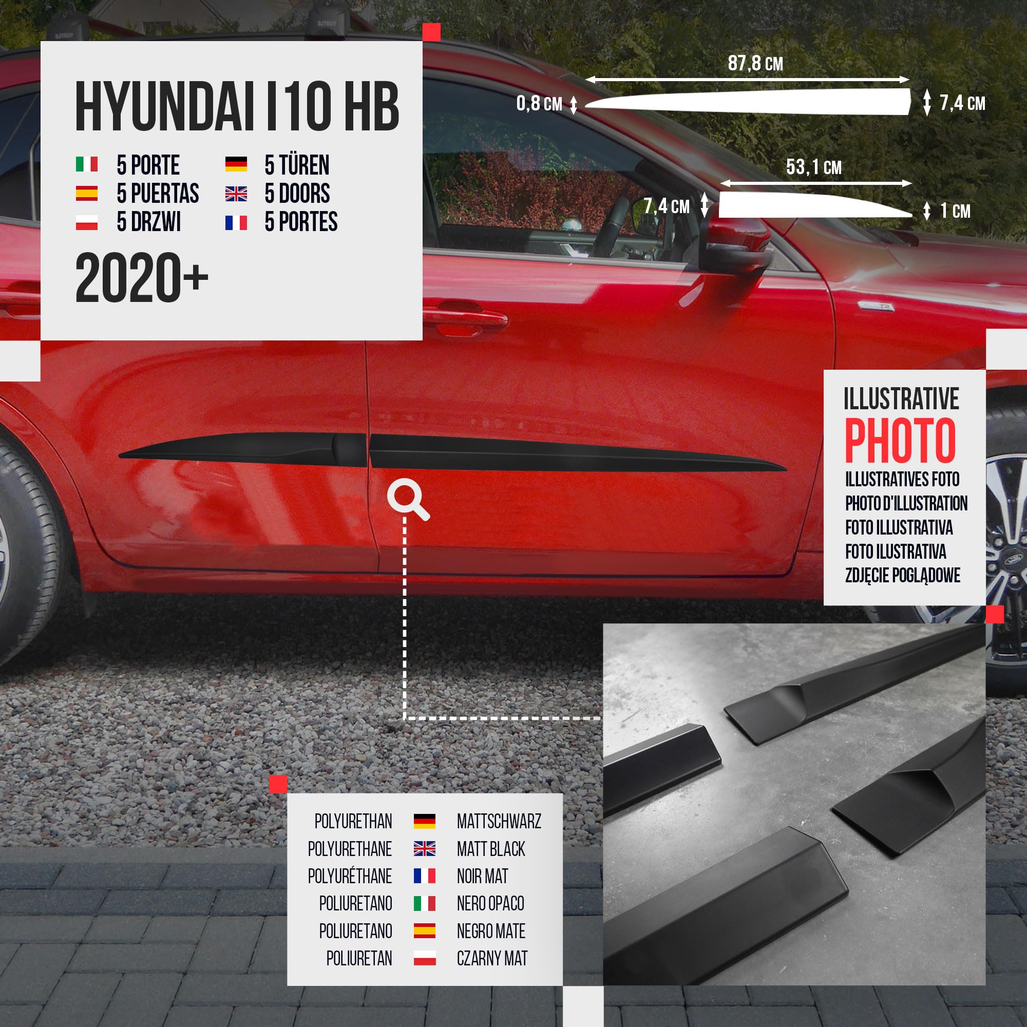 CHROMEMASTER | Schutzleisten für Autotüren Kompatibel mit Hyundai i10 5 Türen Hatchback ab Bj. 2020 | Kunststoff Dekorative Seitenleisten schützen Lack und Fahrzeugtüren vor Kratzer und Beschädigung
