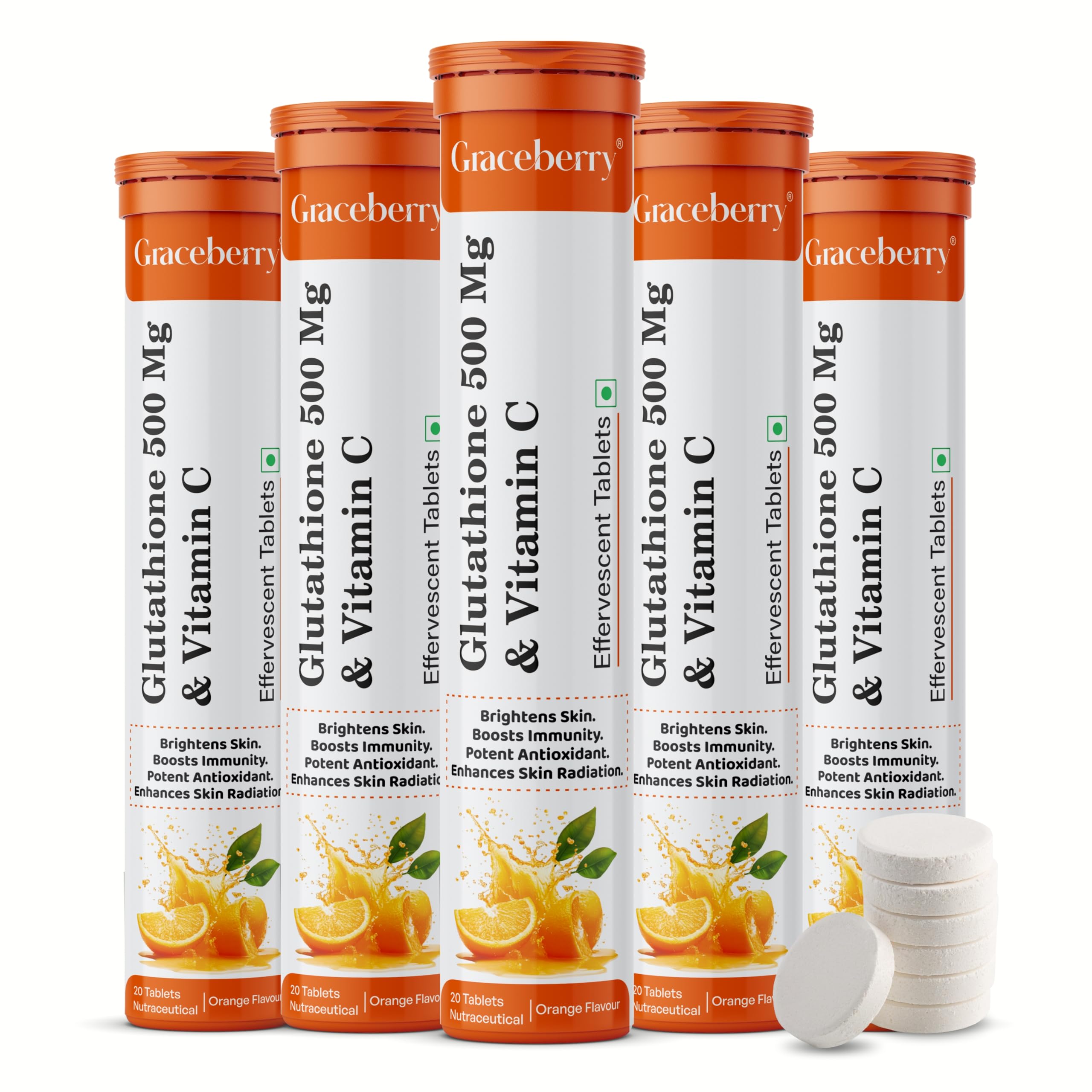 Graceberry Glutathione Tablets for Glowing Skin | 100 Effervescent Tablets with L-Glutathione & Vitamin C | Sugar-free Antioxidant & Skin Glow Supplement for Skin Radiance | Orange (Pack of 5)